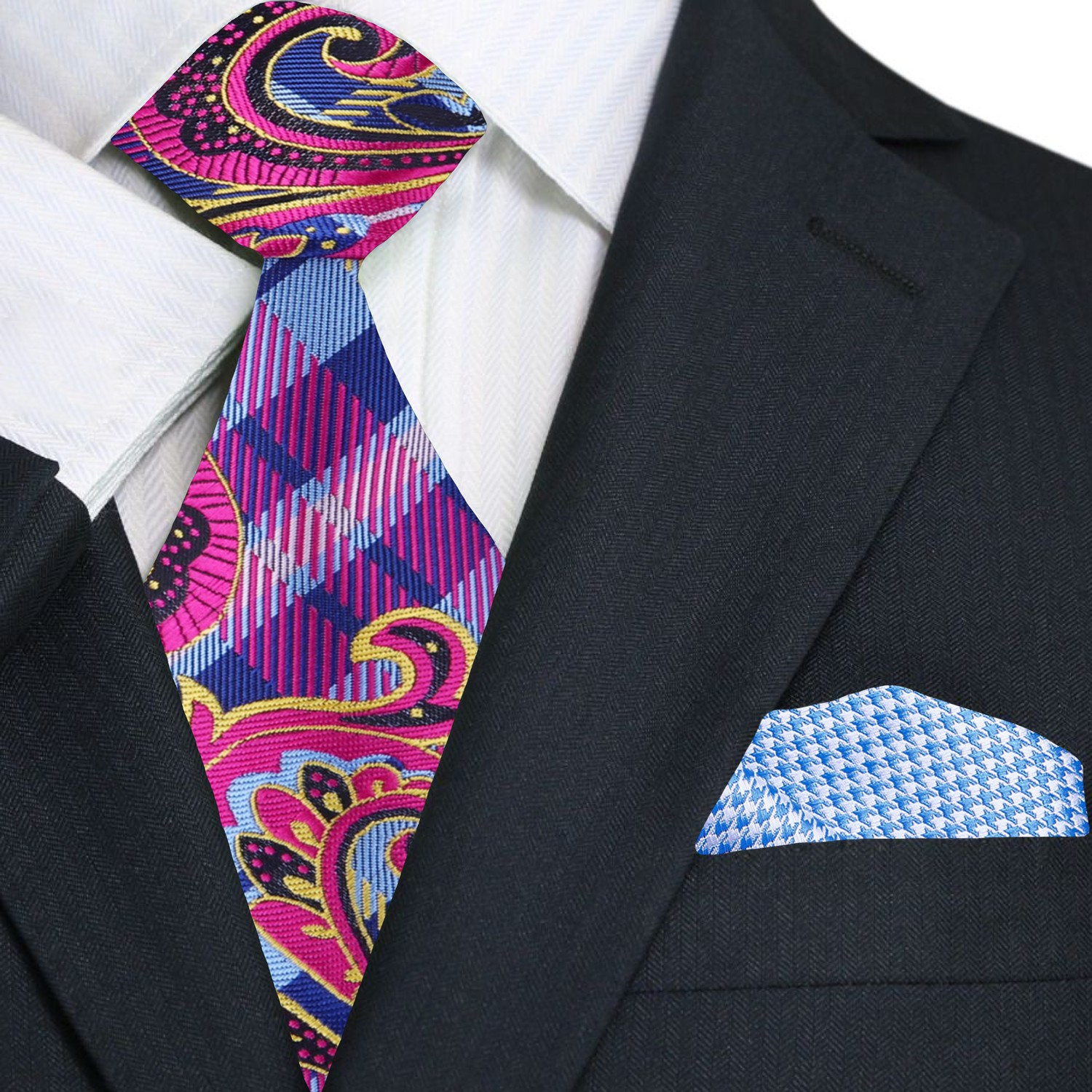 Pink, blue Paisley Necktie and Accenting Square