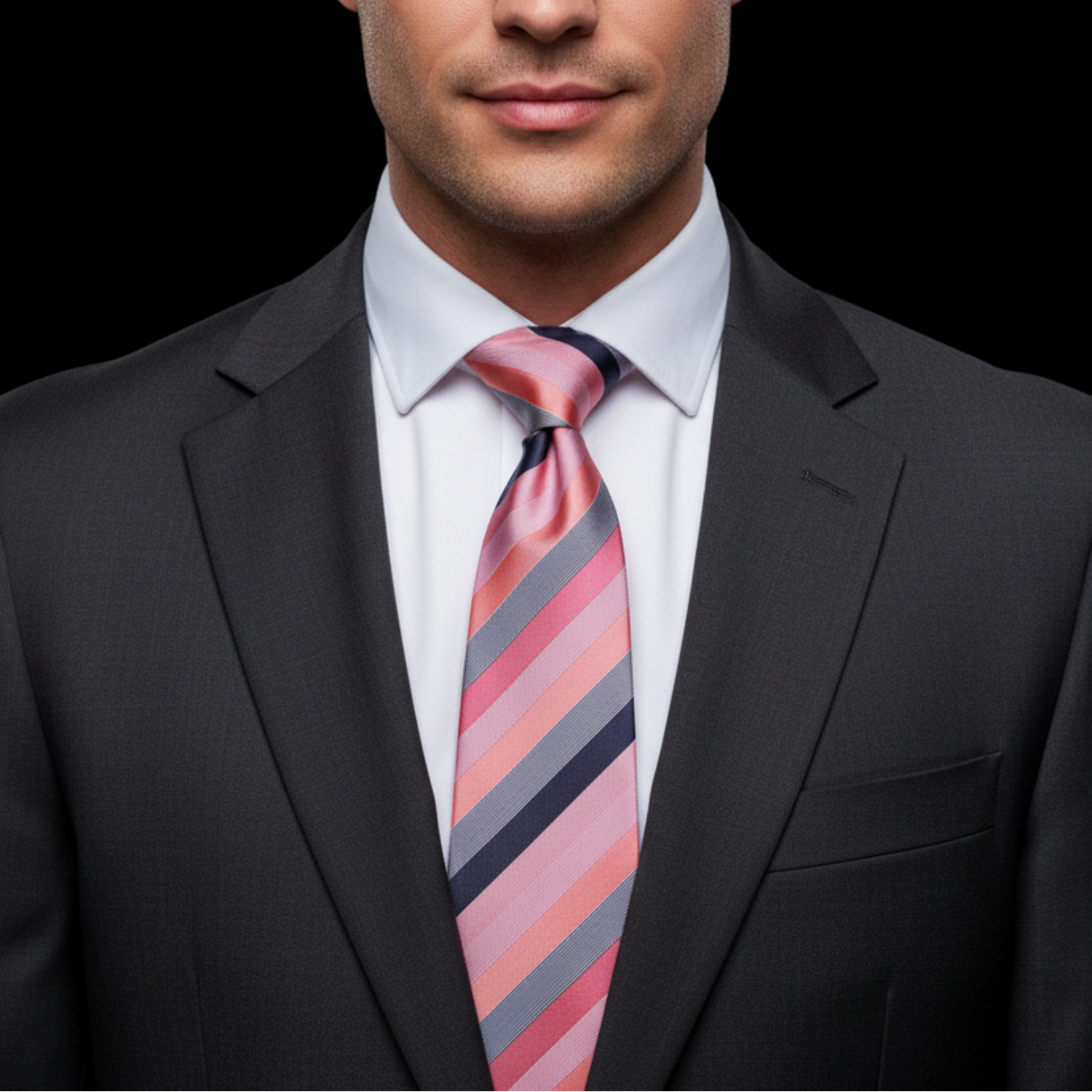 Pink Striped Tie on Man with Charcoal Suit