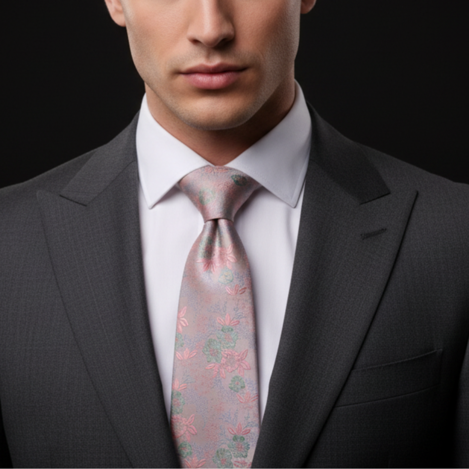 Man wearing a dark suit and patterned tie against a black background