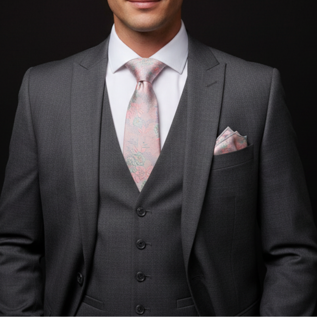 Man wearing a gray suit with a patterned tie and pocket square on a black background