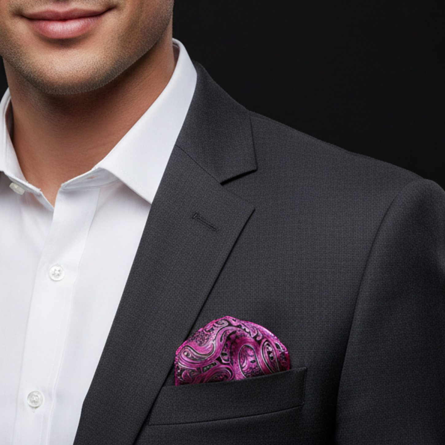 Man wearing a dark gray suit with a white shirt and purple paisley pocket square.