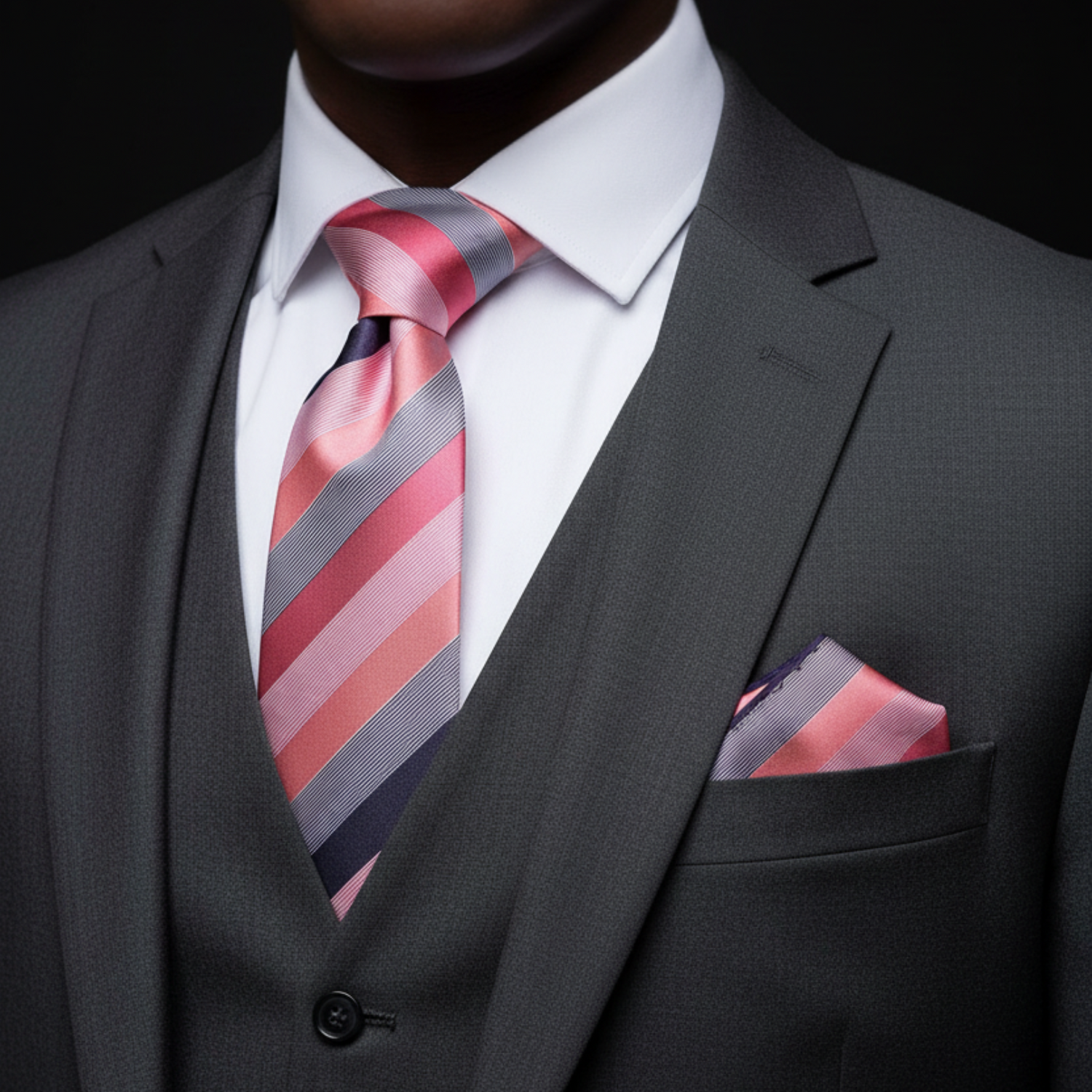 Gray suit with a striped pink and gray tie and matching pocket square.