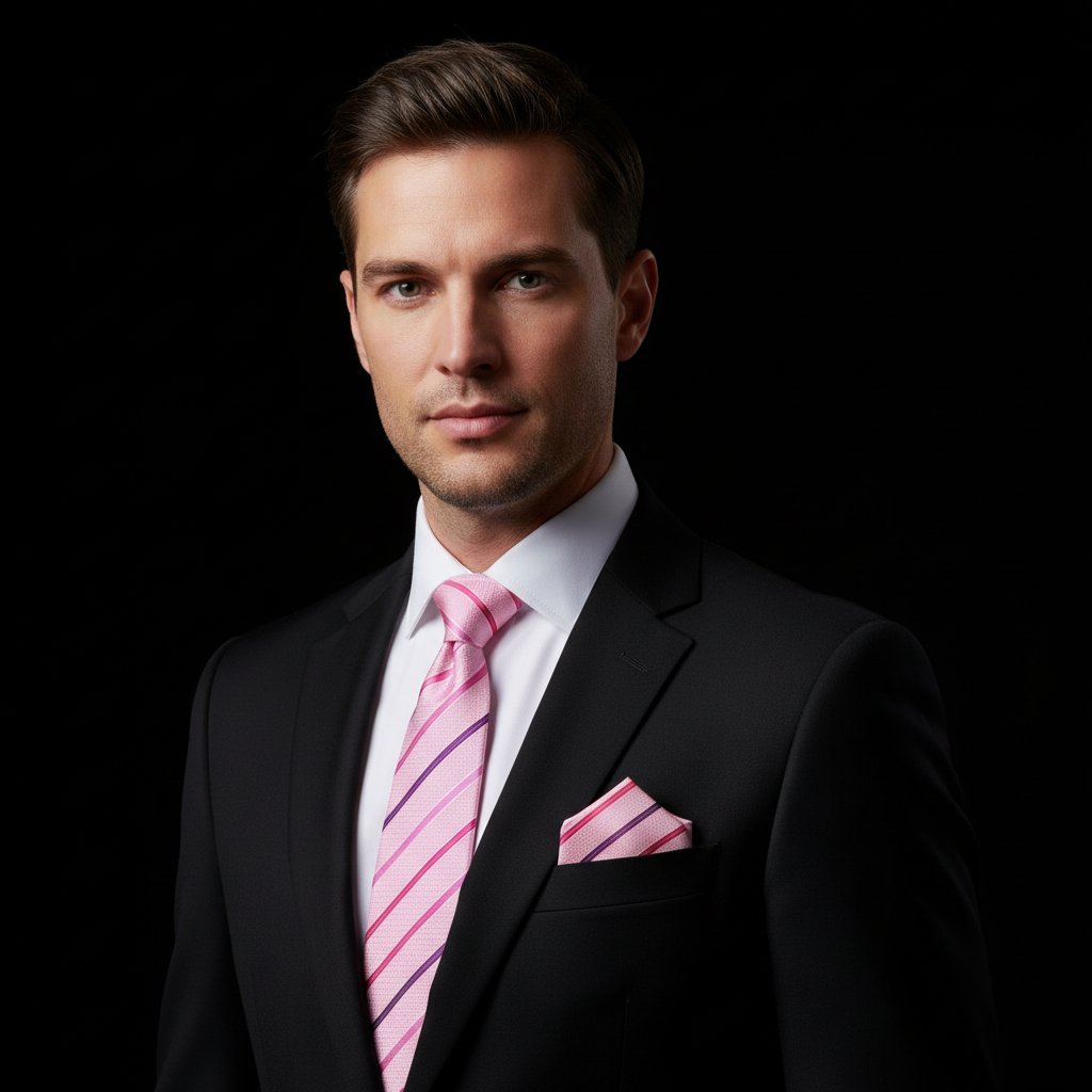 Man wearing a black suit with a pink striped tie and pocket square on a black background