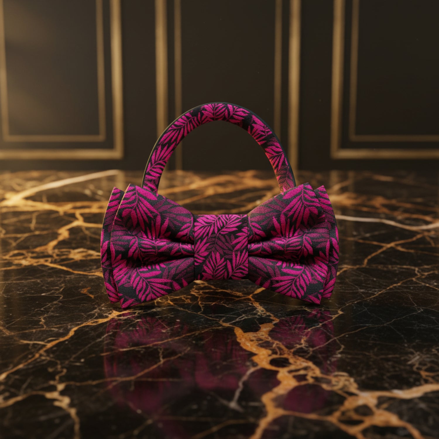 Black, Pink Leaves Bow Tie Pre Tied