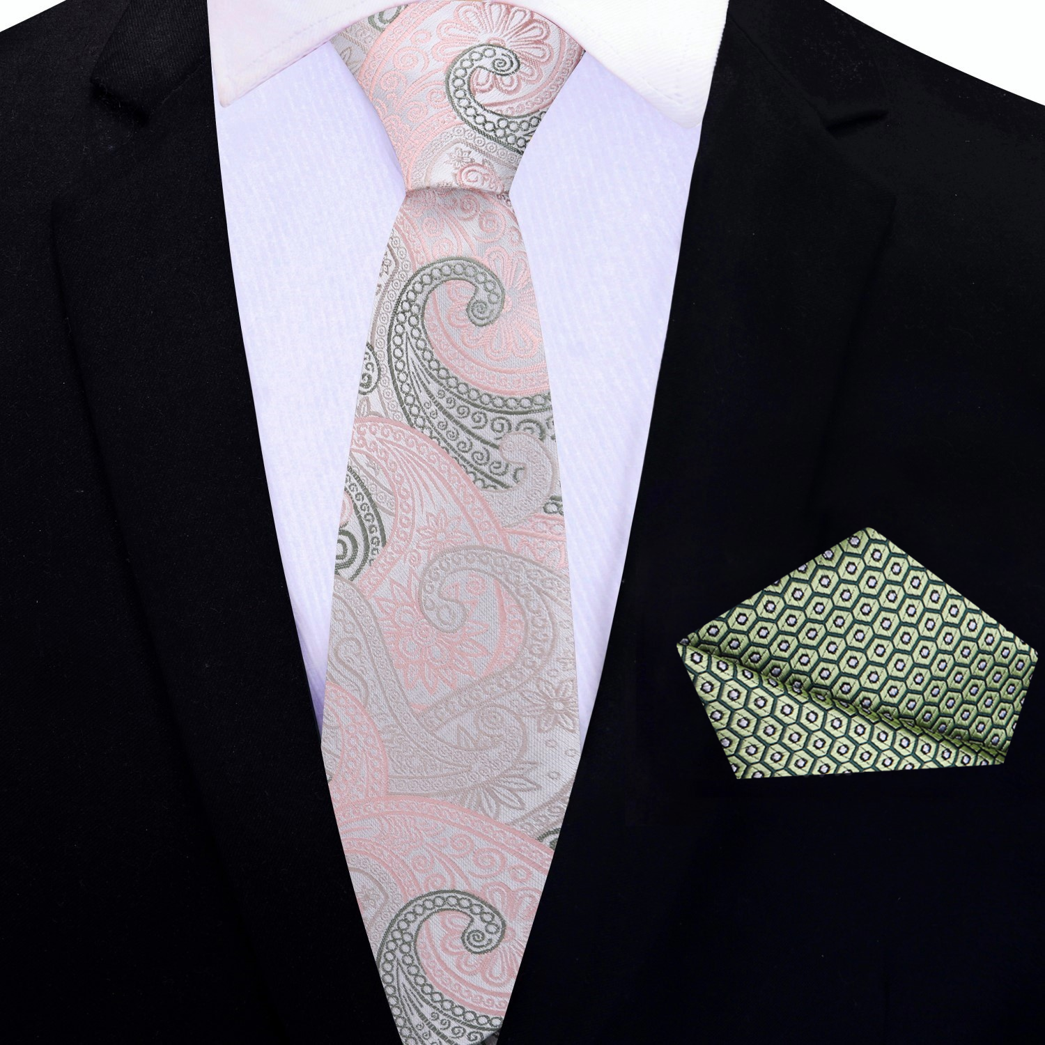 Thin Pink, Green Paisley Necktie and Accenting Square