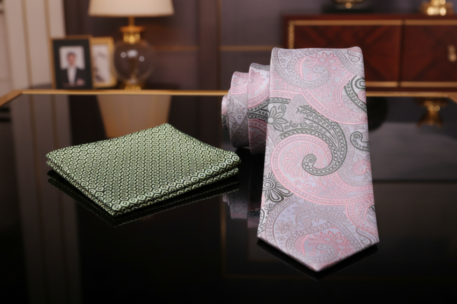 Alt Pink, Green Paisley Necktie and Accenting Square