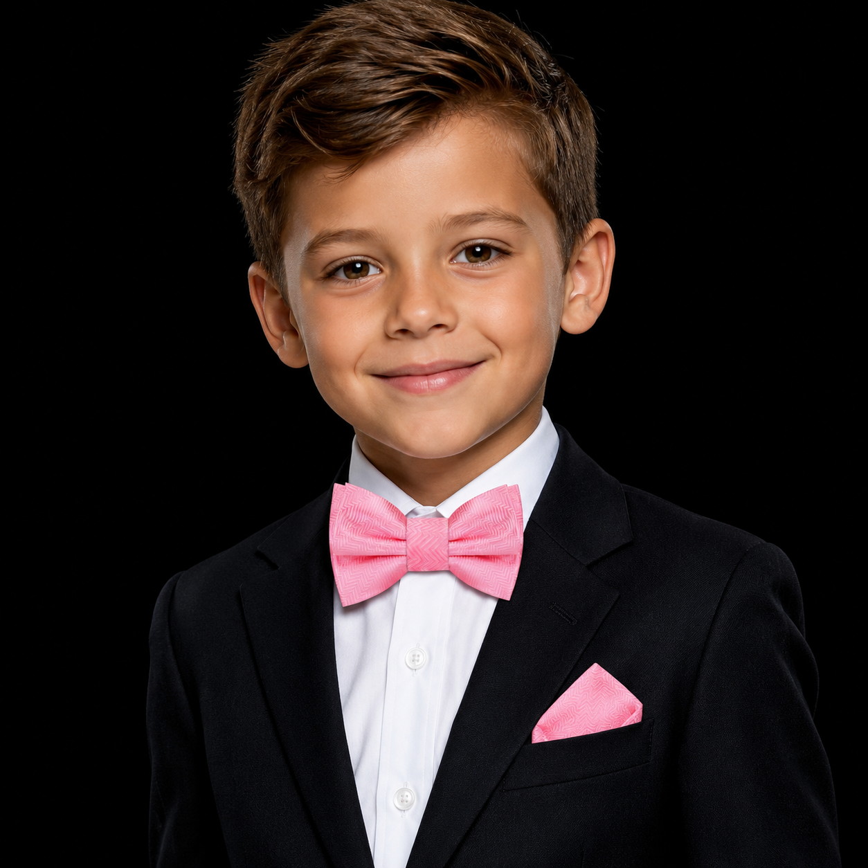 A young boy with brown hair wearing a black tuxedo jacket, white dress shirt, a bright pink bow tie, and a matching pink pocket square, photographed against a solid black background.