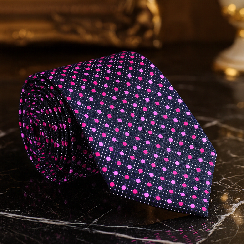 A Black, Pink, Light Grey Dots Pattern Necktie  