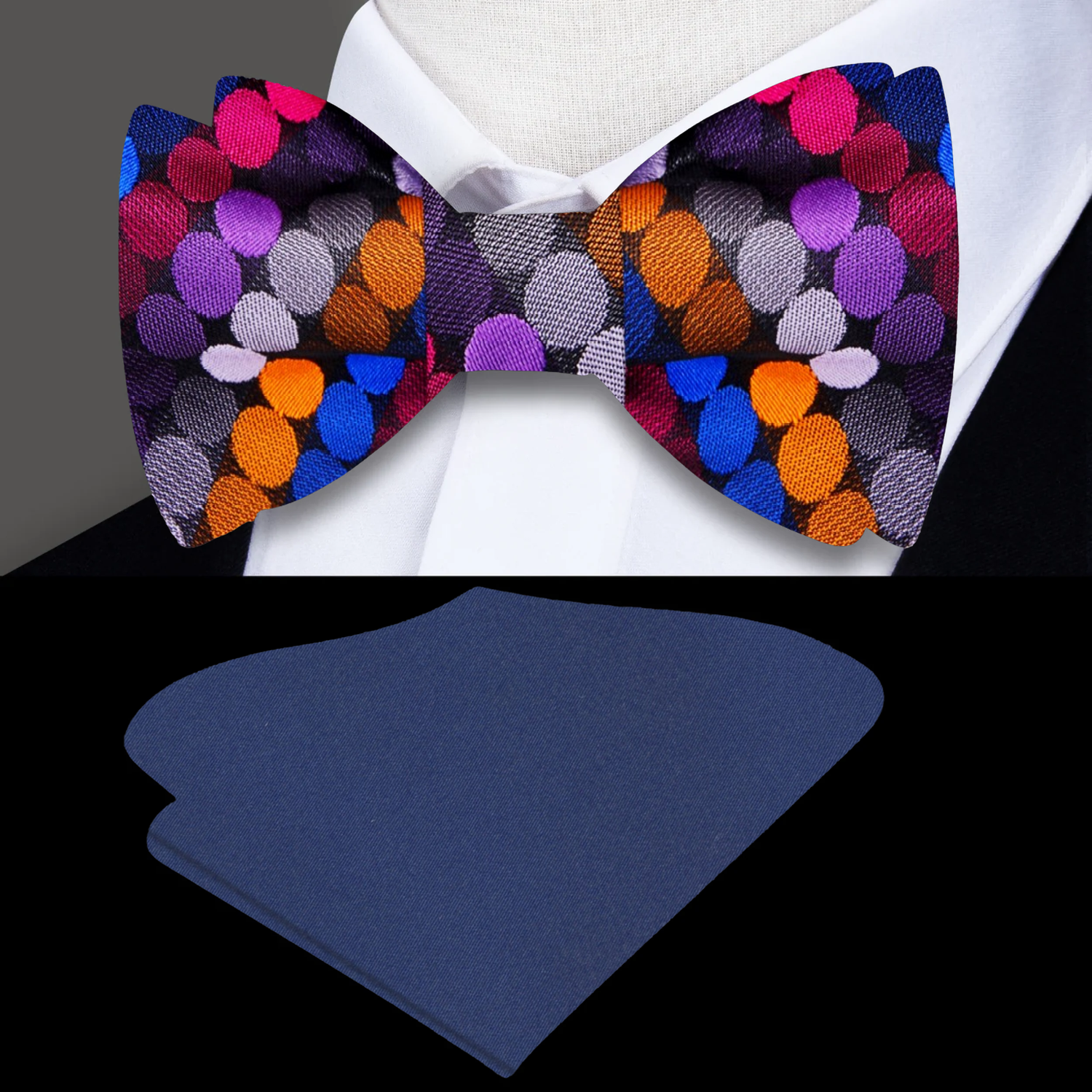 A Pink, Blue, Orange, Grey Polka Dot Pattern Self Tie Bow Tie, Blue Pocket Square
