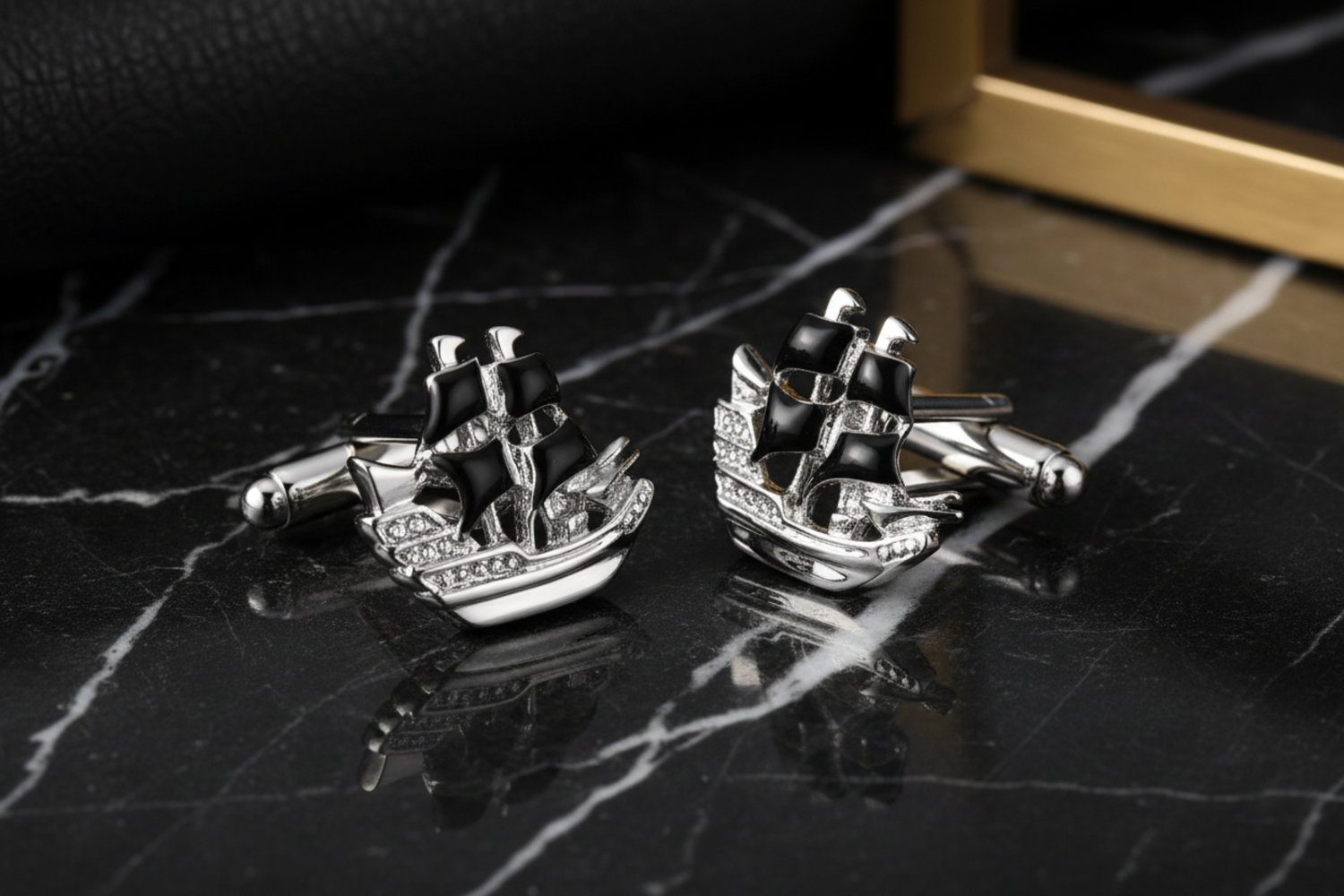 Pair of Chrome Pirate Ship Cufflinks