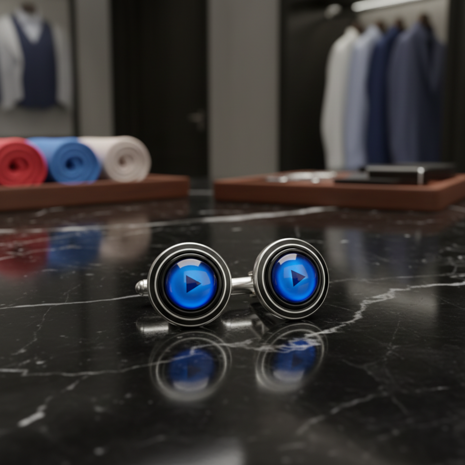 Two round black and silver media player icons with blue play buttons, shown side by side on a light gray background.