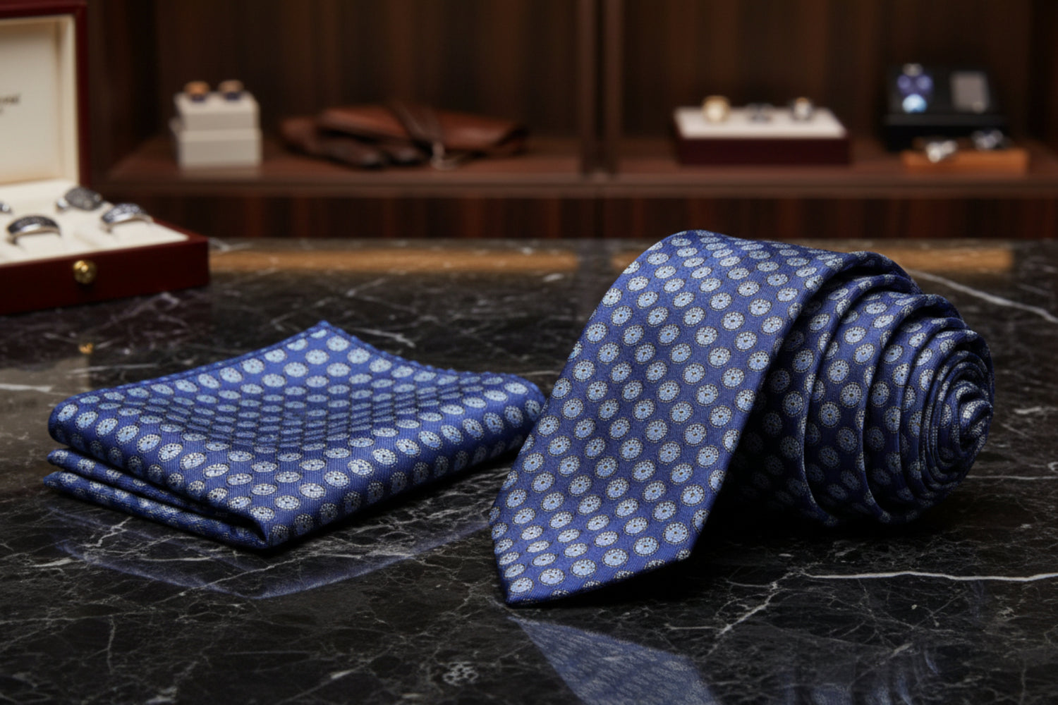 Blue patterned tie and pocket square set on a white background