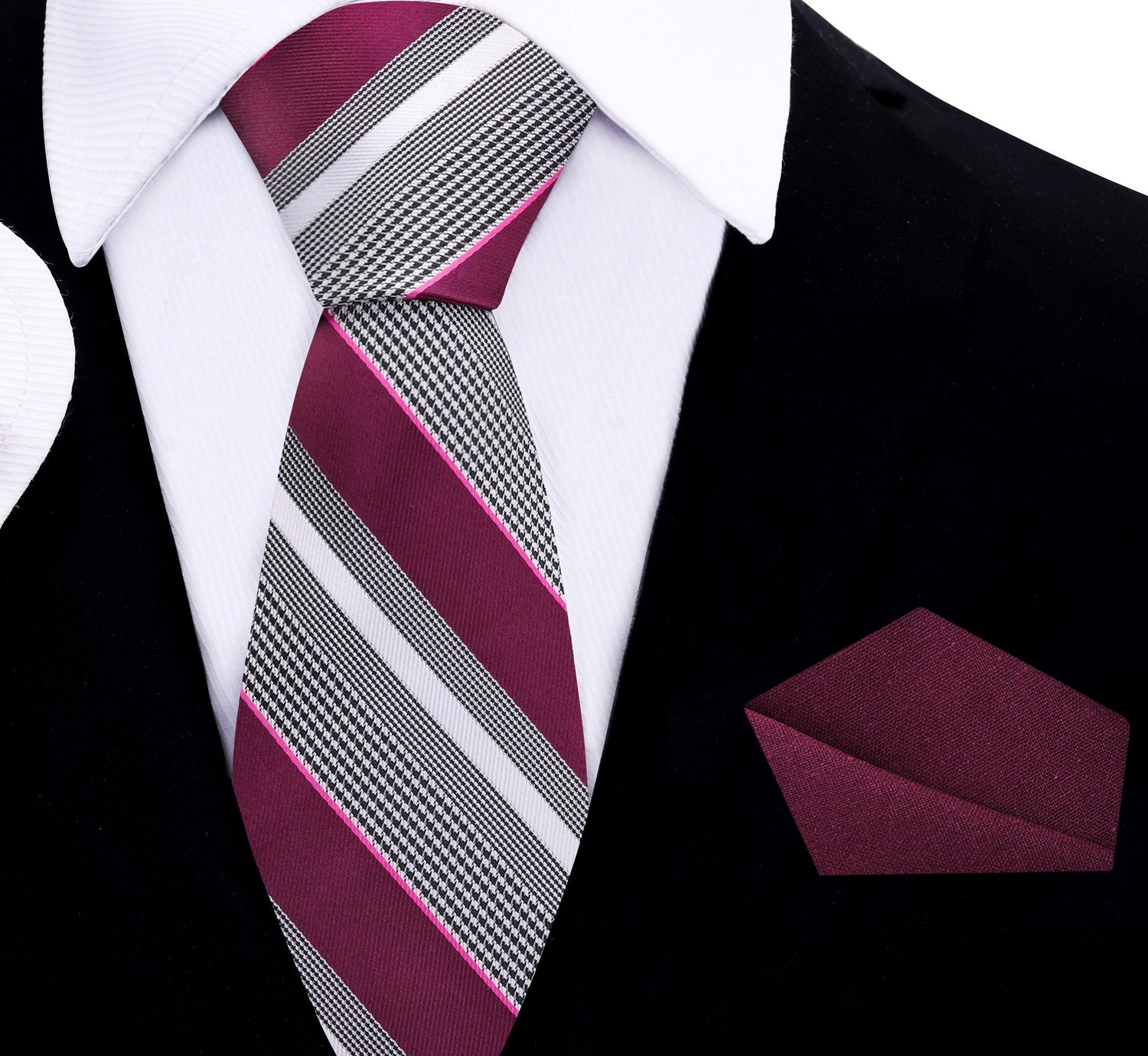 Striped plum, black and white striped thin tie and matching pocket square on a suit jacket