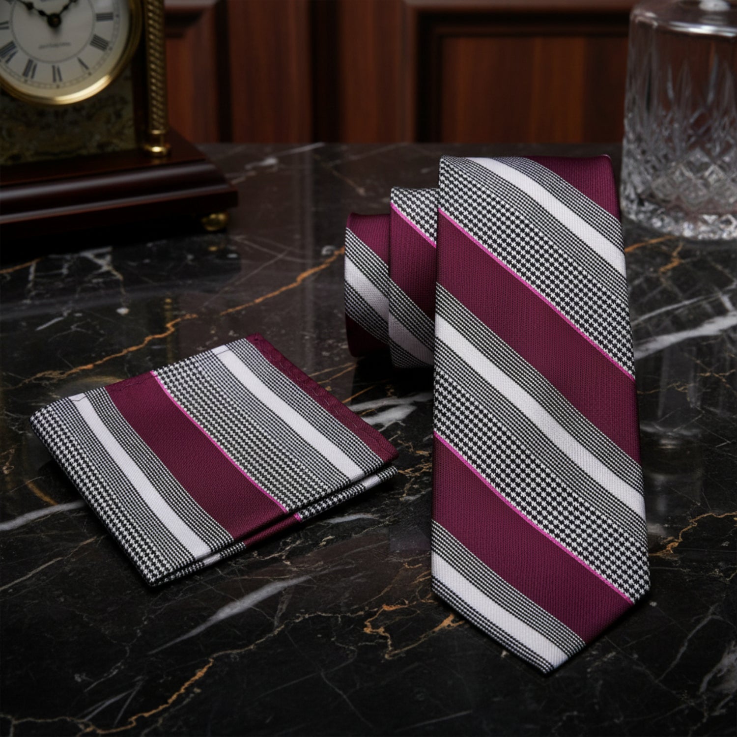 Striped plum, white and black stripe tie and pocket square set 