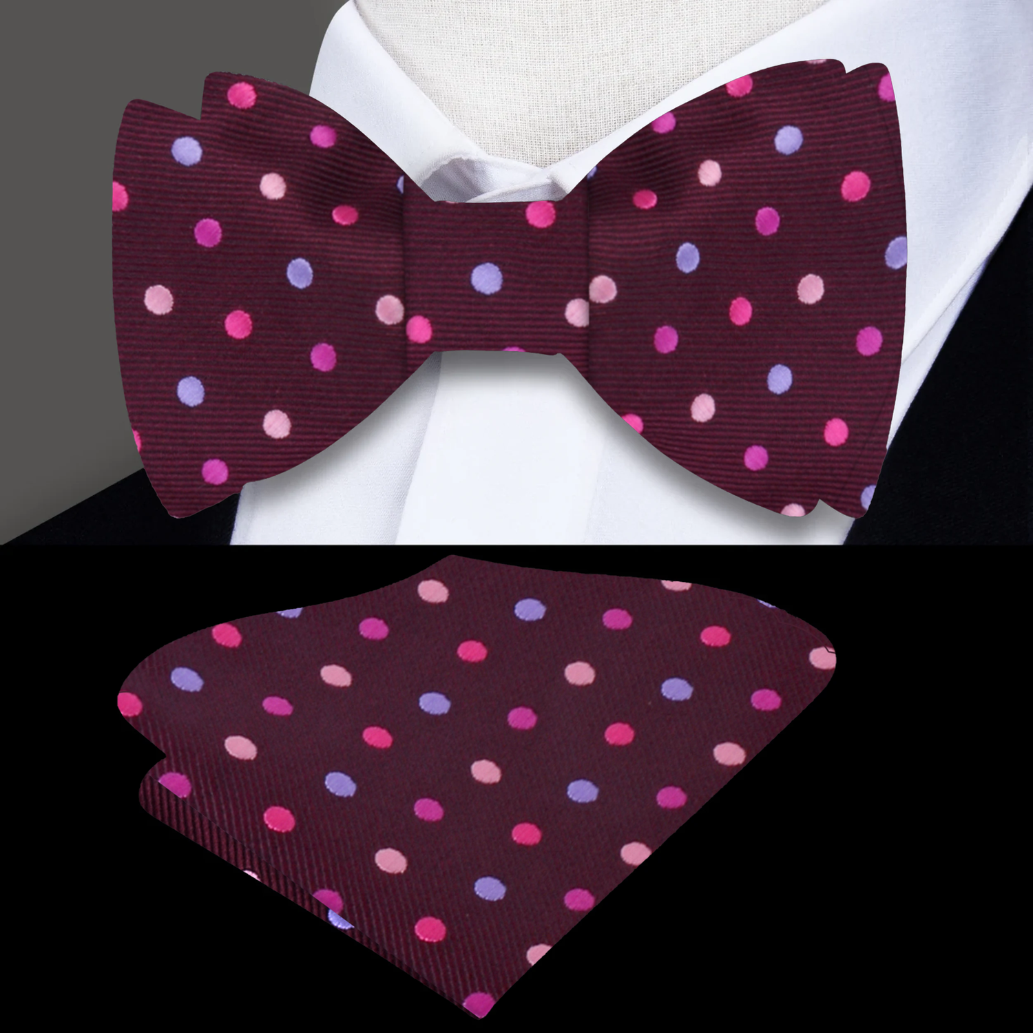 Plum, Peach, Purple Polka Bow Tie and Pocket Square