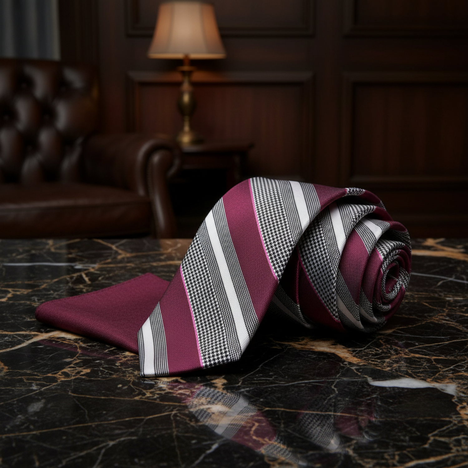 Plum, white and black stripe tie and burgundy lined square