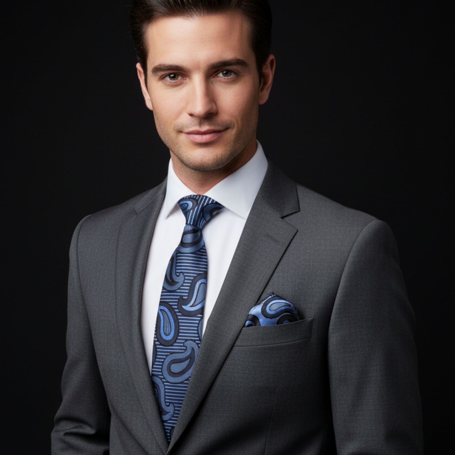 Man wearing a gray suit with a blue patterned tie and pocket square on a black background