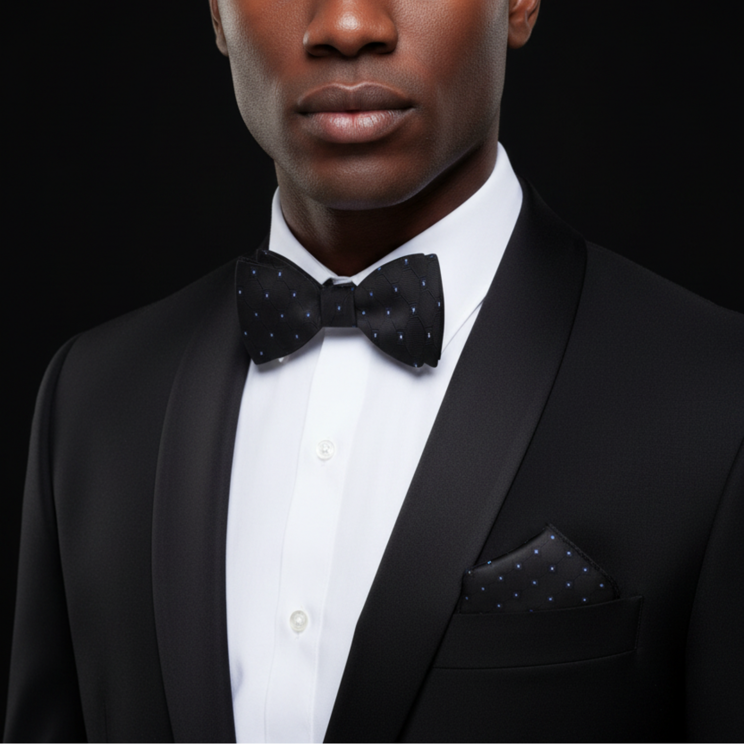 Man wearing a black tuxedo with a bow tie on a dark background
