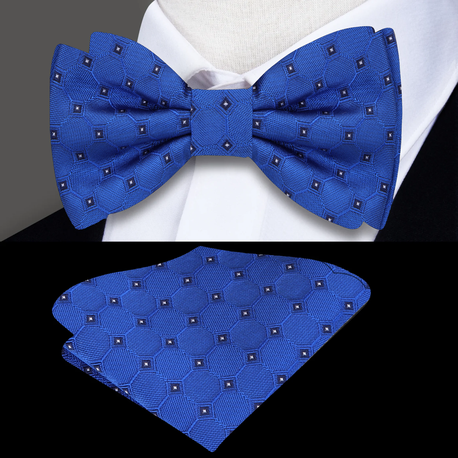 Main: Blue Geometric Bow Tie and Pocket Square