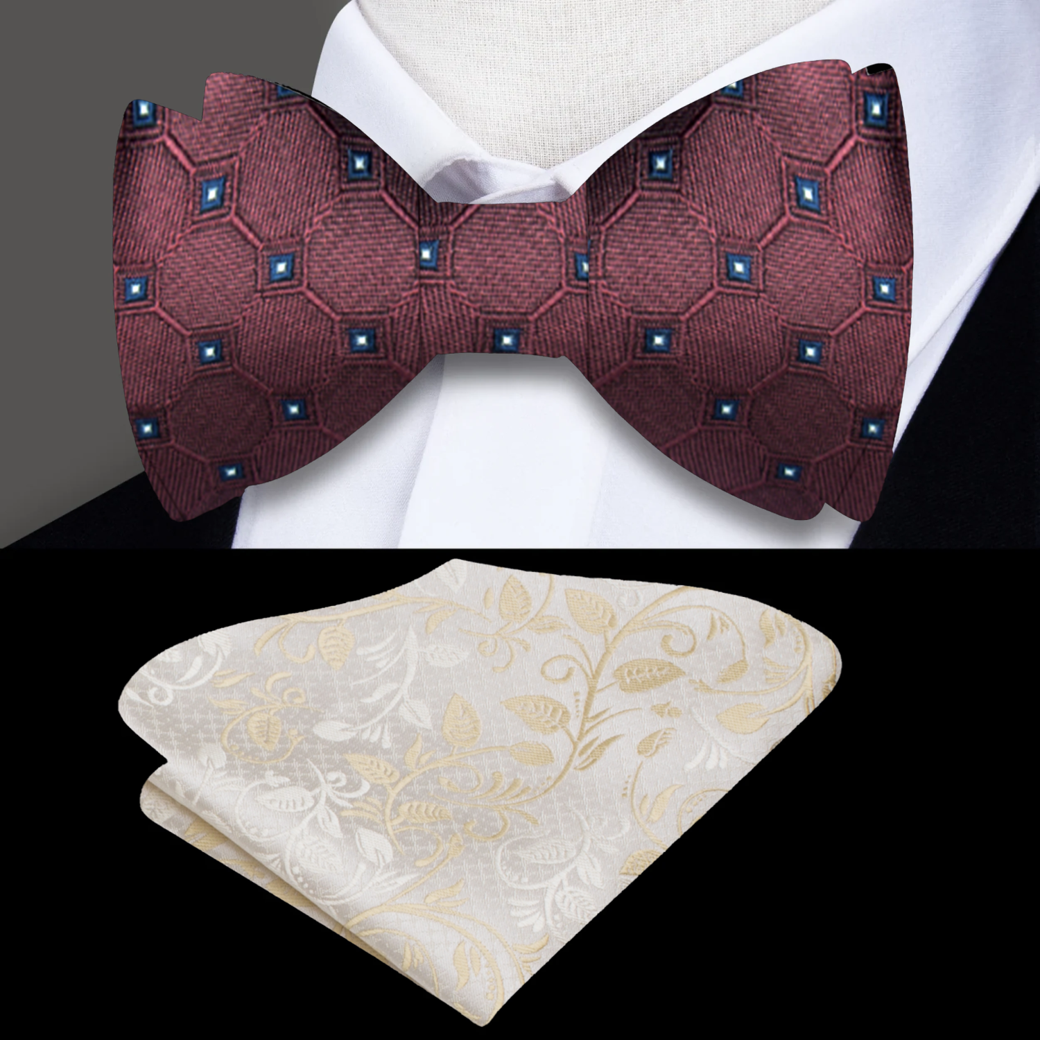A dark brown silk bow tie with a geometric pattern laid out next to a bouquet of flowers.