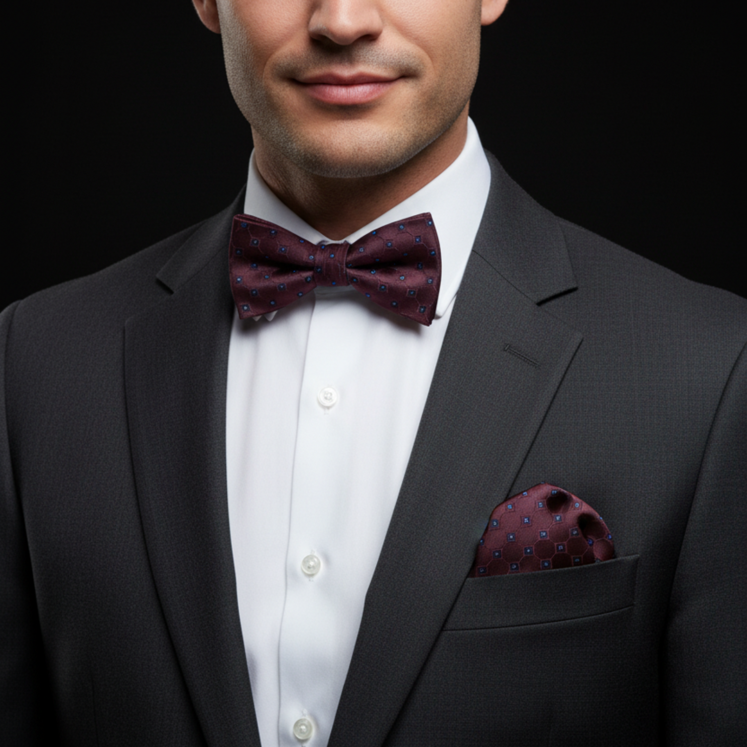 Man wearing a black suit with a white shirt and burgundy bow tie and pocket square on a dark background
