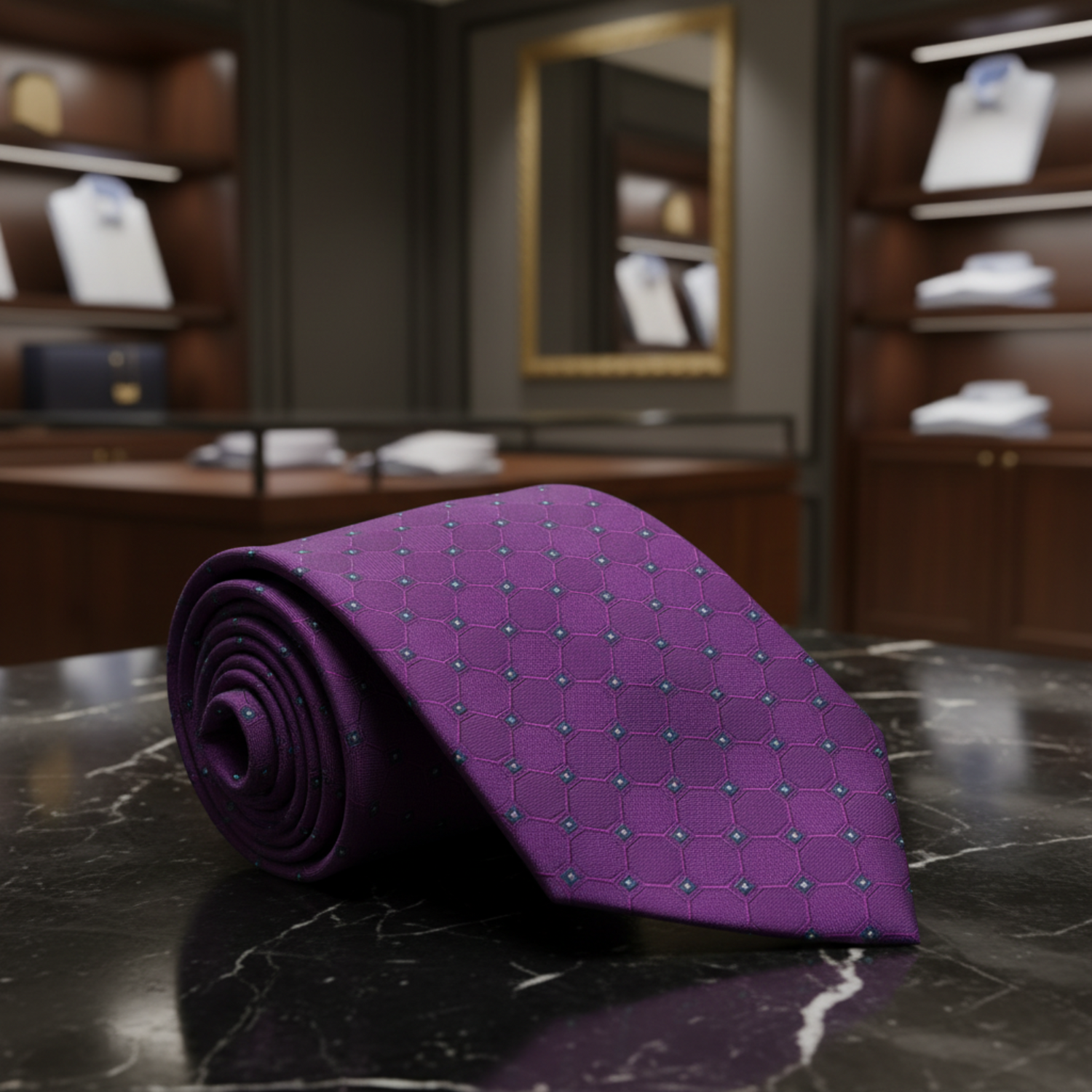 a purple geometric necktie