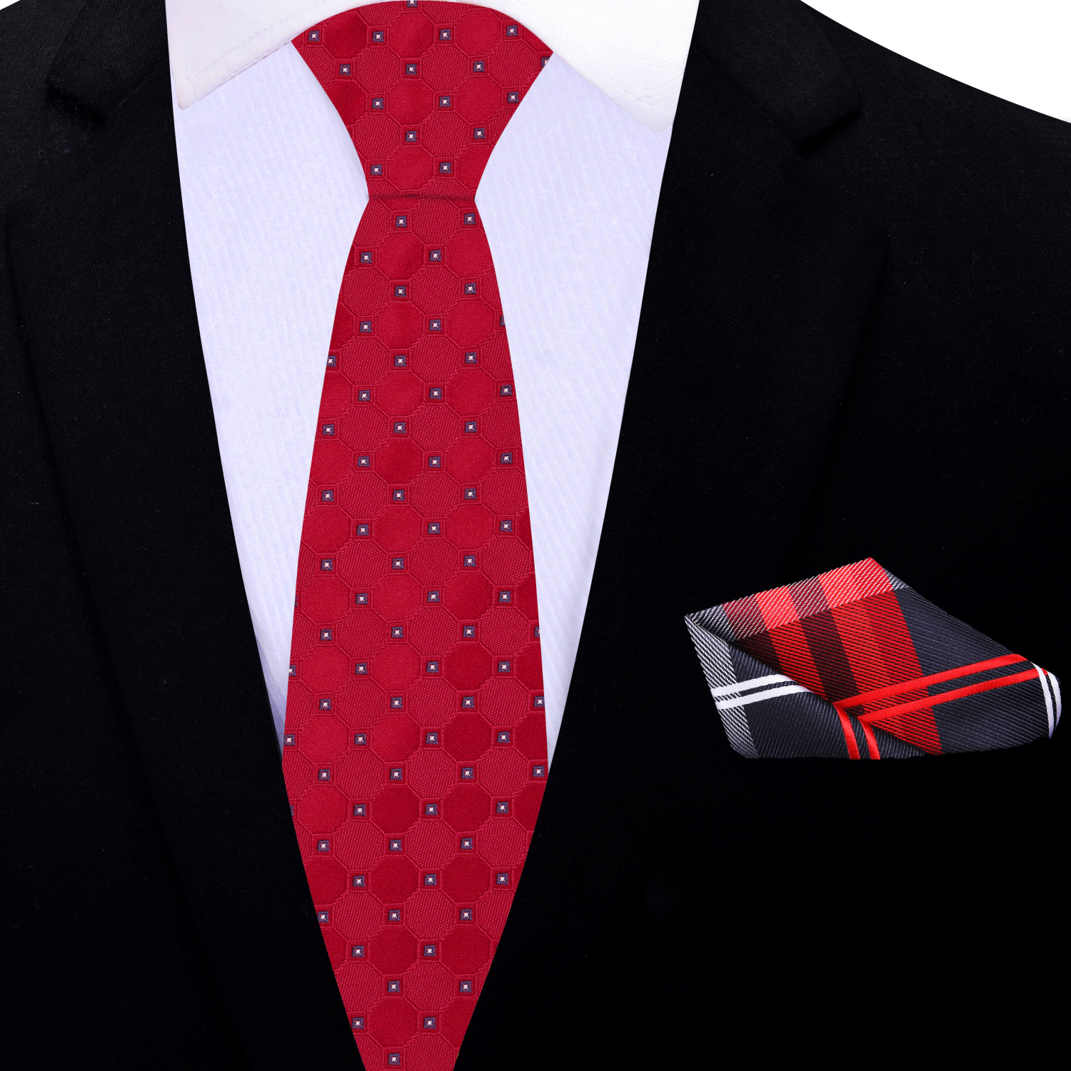 Red, Black and White Geometric Necktie and Accenting Square