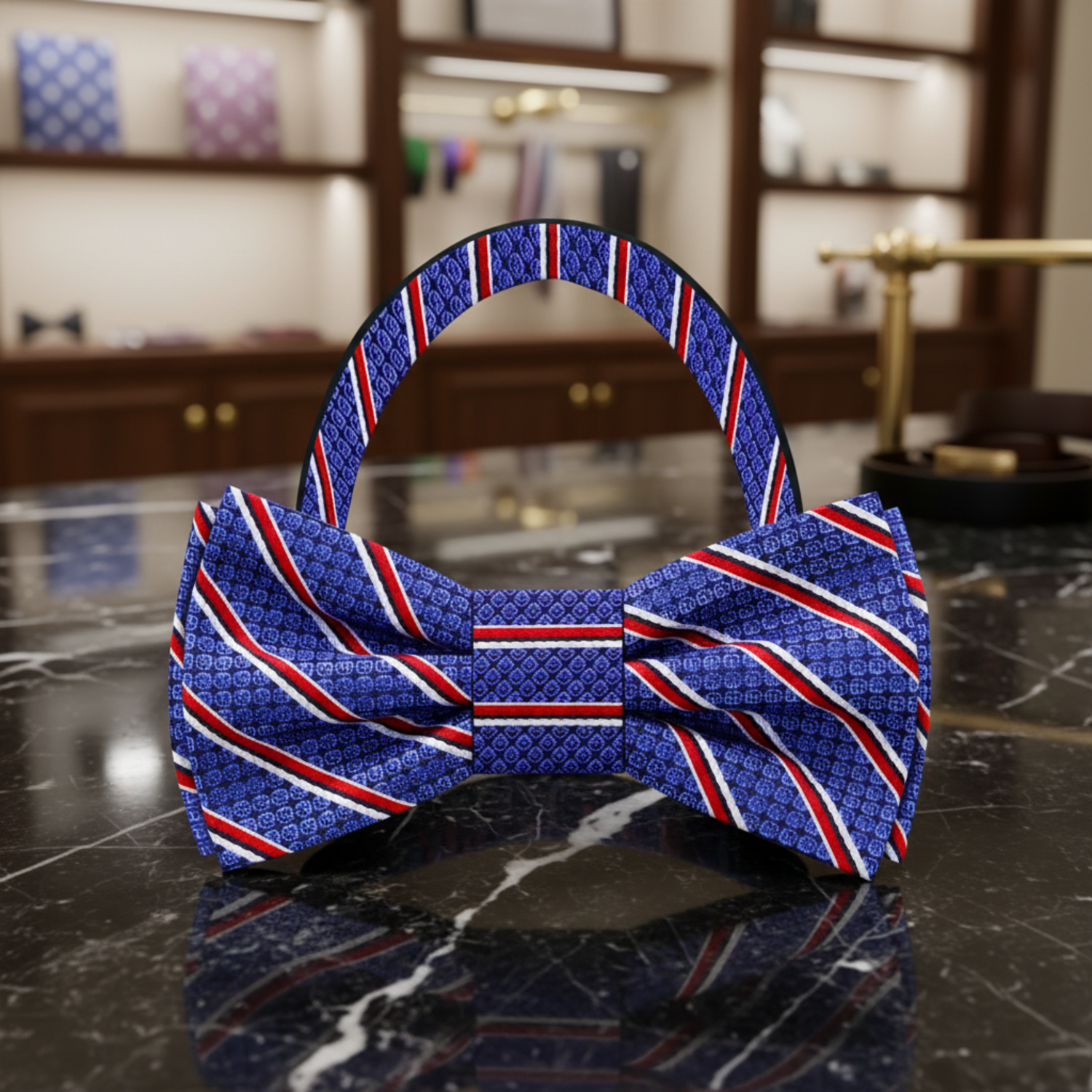 Blue bow tie with red and white stripes on a black marble background