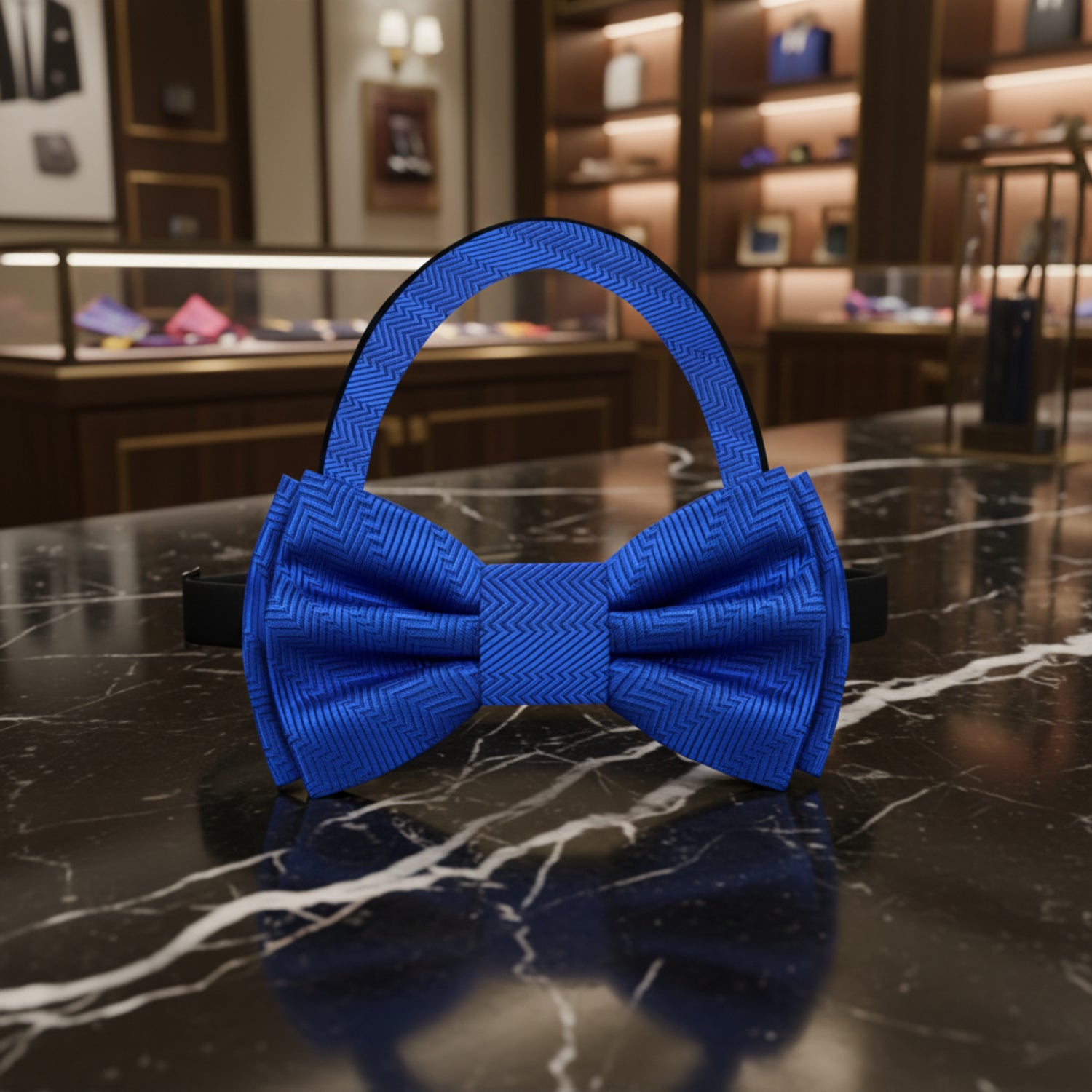 A royal blue textured bow tie with a matching curved neck strap, displayed on a black marble countertop inside a luxury shop.