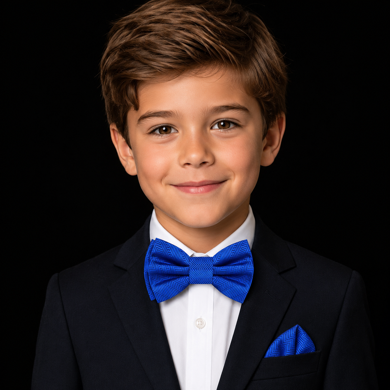 A Solid Rich Royal Blue Color with Lined Texture Pattern Kids Pre-Tied Bow Tie, Matching Pocket Square on boy