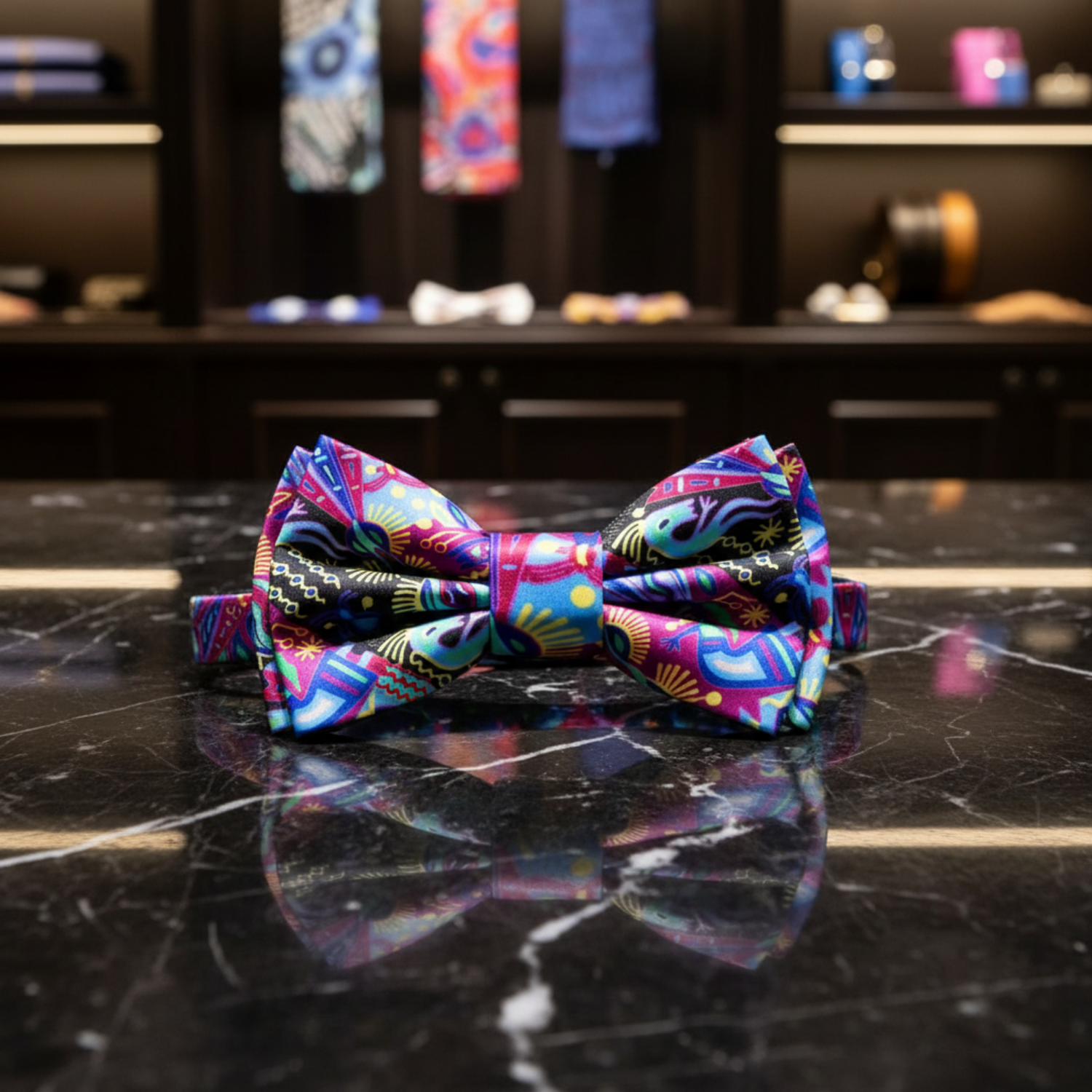 Pre Tied Purple, Black, Light Blue, Yellow Southwestern Symbols Bow Tie