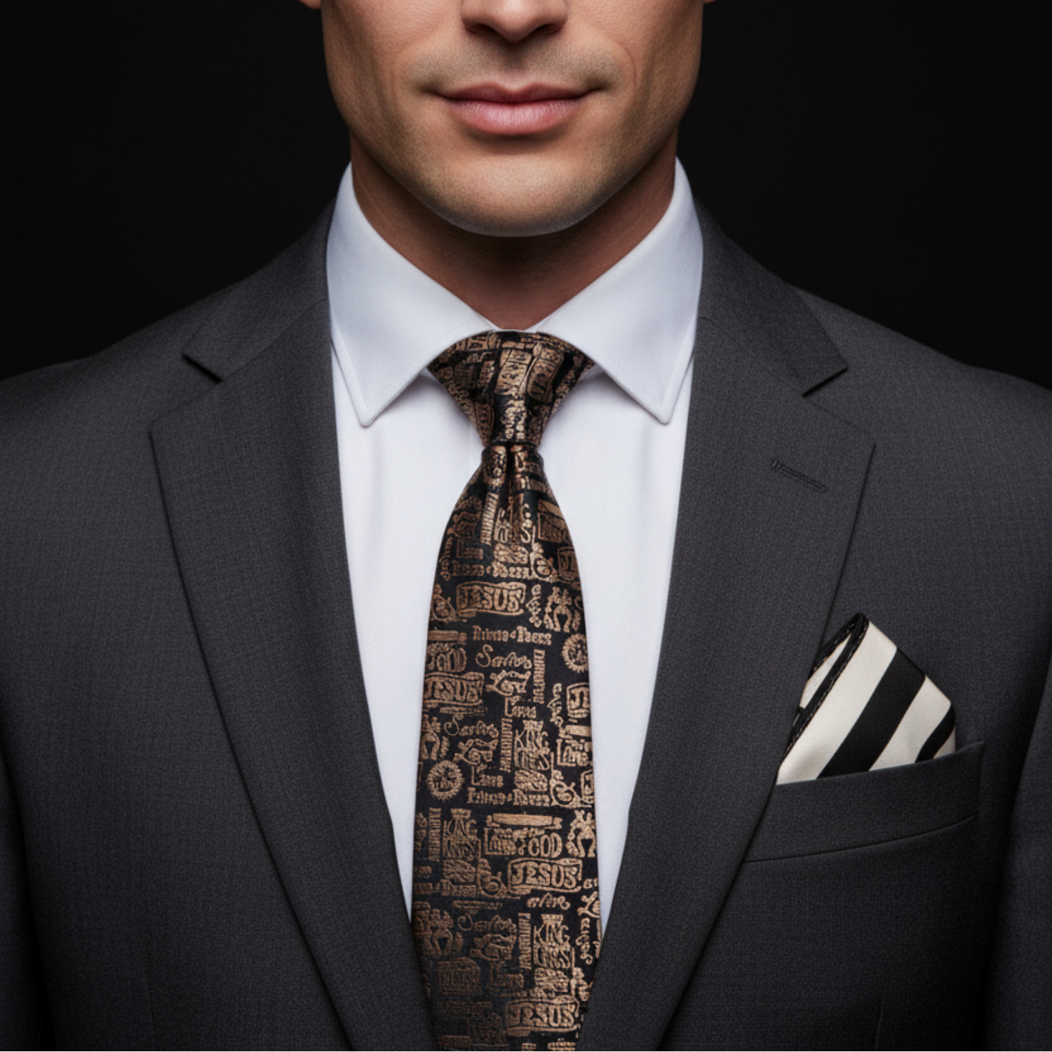 Man wearing black tie and accenting square