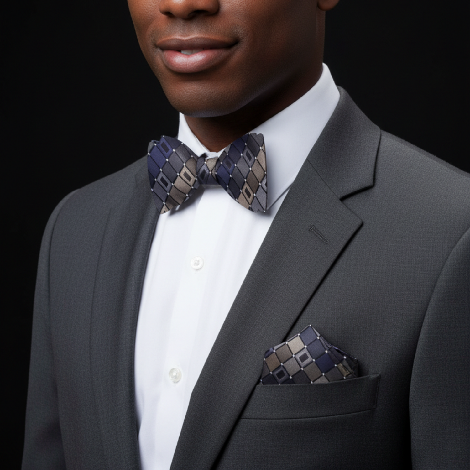 Man wearing a gray suit with a patterned bow tie and pocket square on a black background