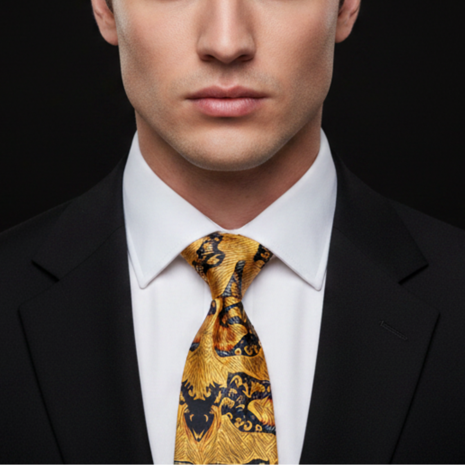 Man wearing a black suit with a white shirt and a gold patterned tie against a black background