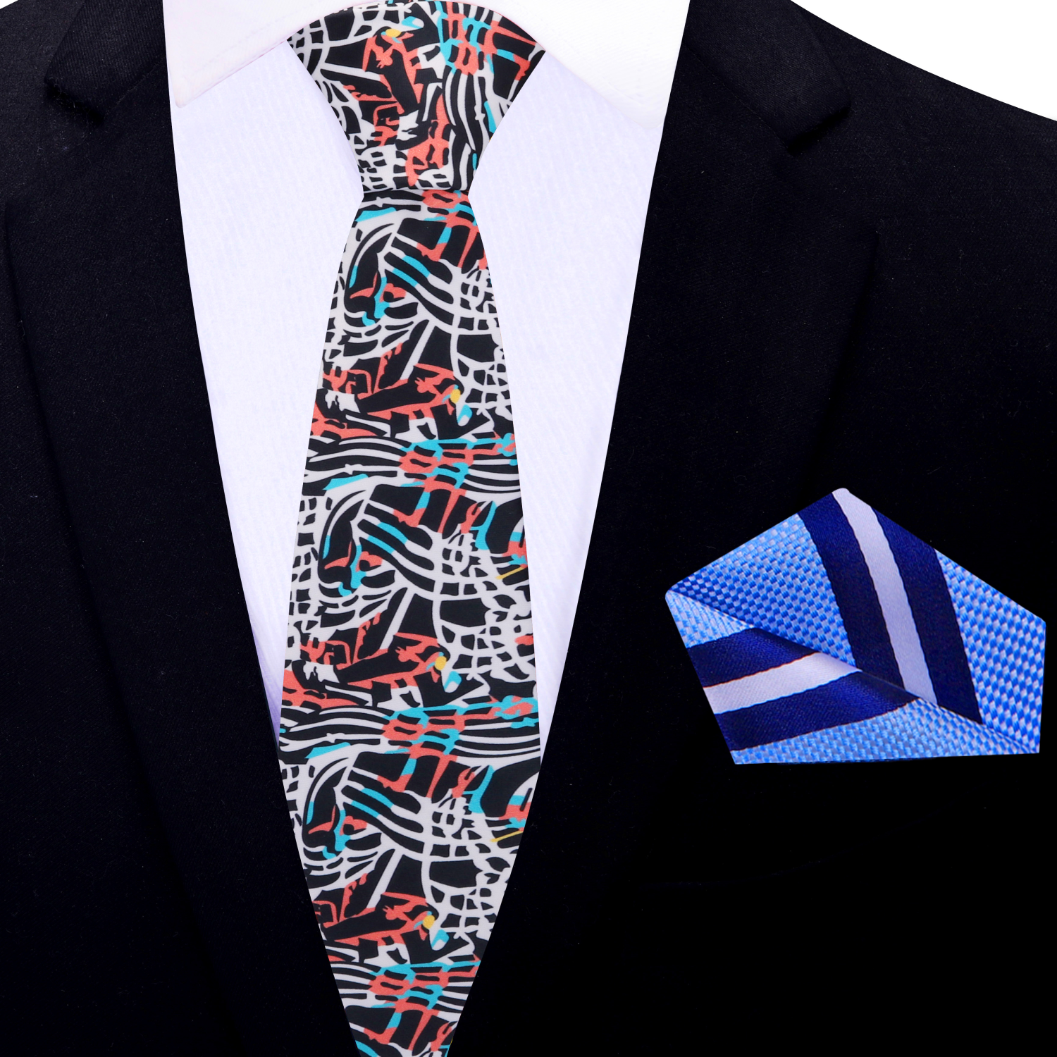 Thin Tie White, Light Blue, Punch and Black Abstract Necktie and Square