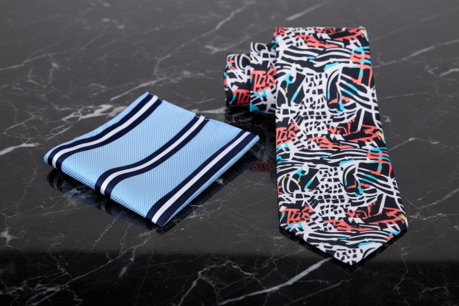 alt White, Light Blue, Punch and Black Abstract Necktie and Square