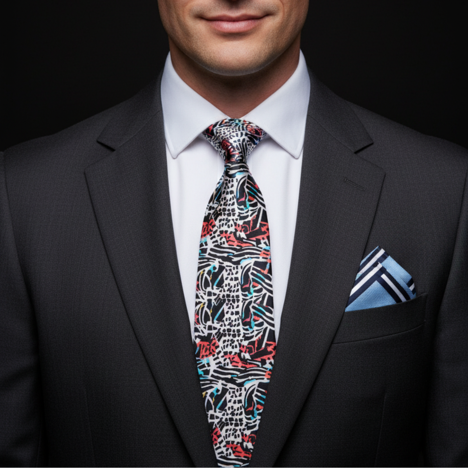 Man wearing white, teal and coral abstract tie and square
