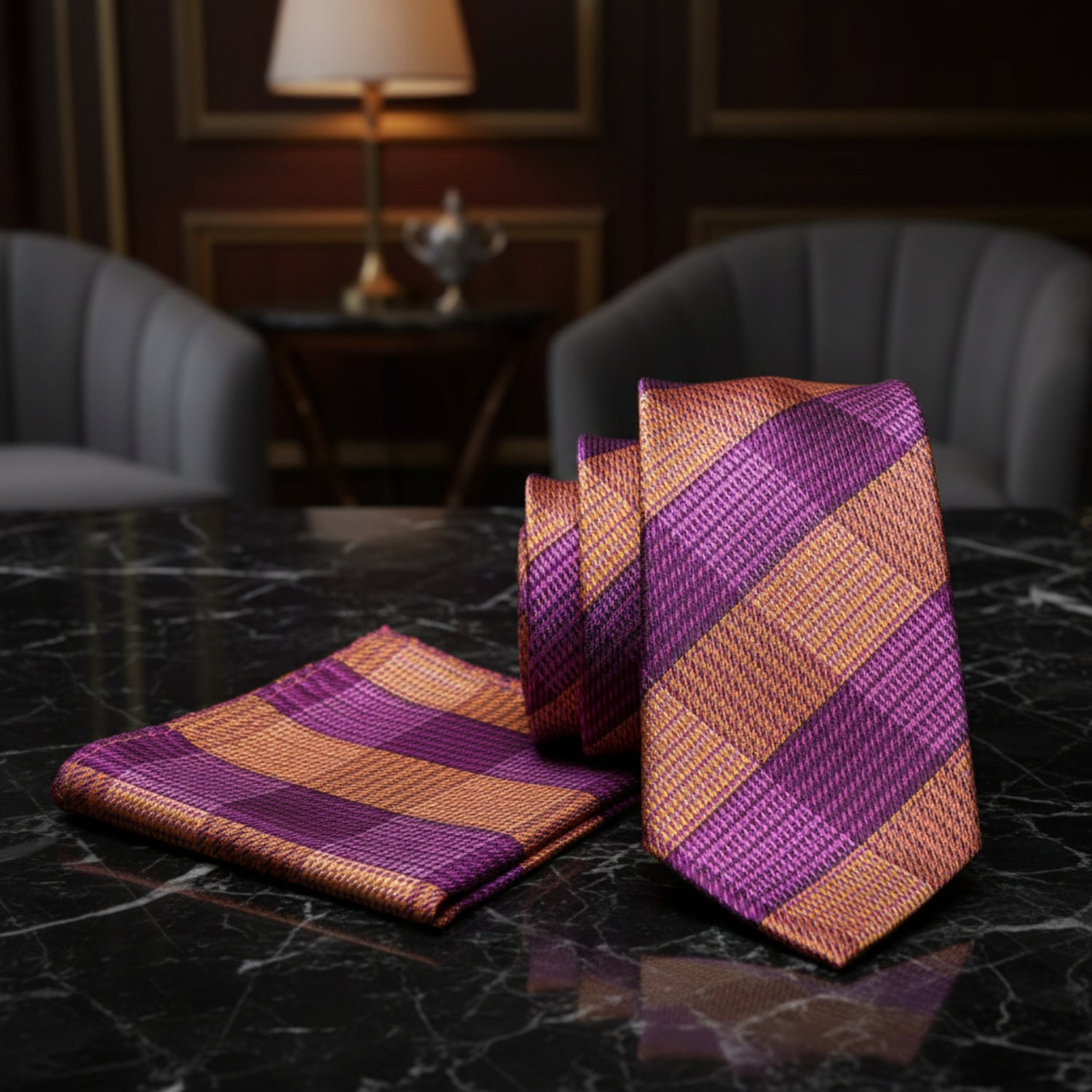 Alt view: Purple and Orange Plaid Necktie and Pocket Square