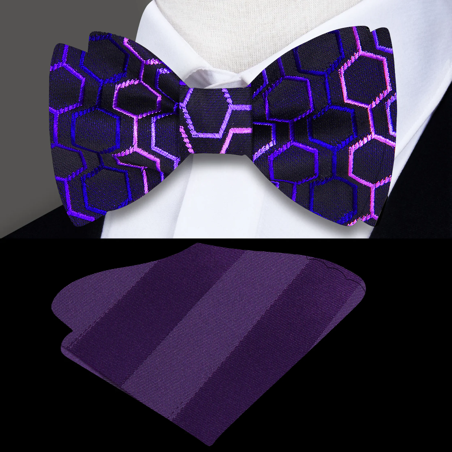 Purple geometric patterned bow tie and purple stripe pocket square on a mannequin.