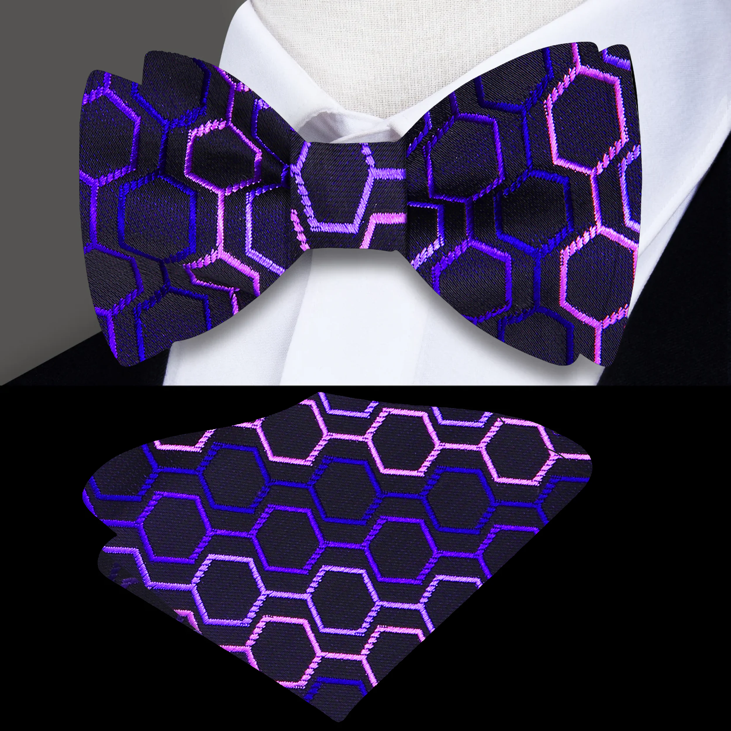 Purple geometric patterned bow tie and pocket square on a mannequin with a white shirt.