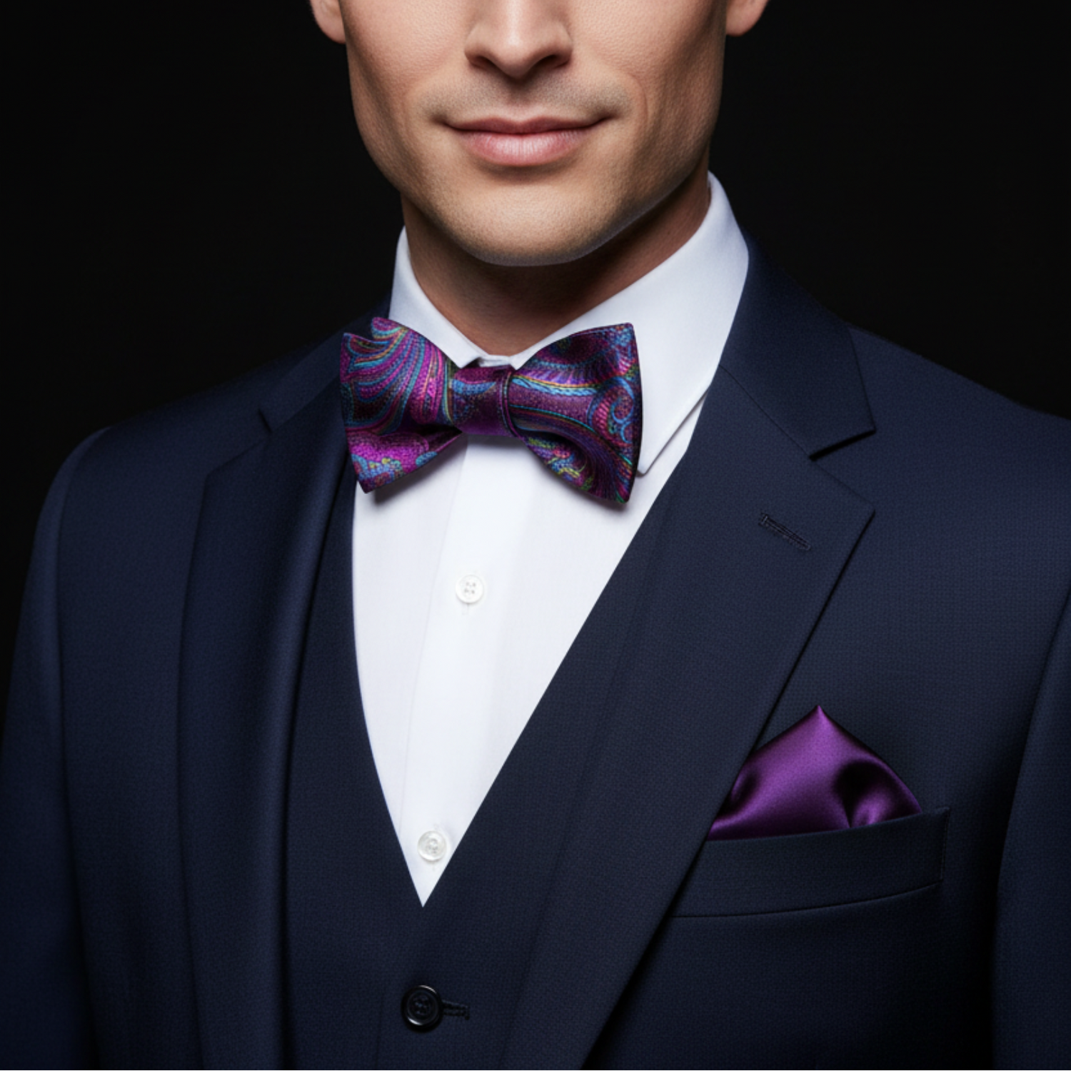 Man wearing purple bow tie and solid purple square
