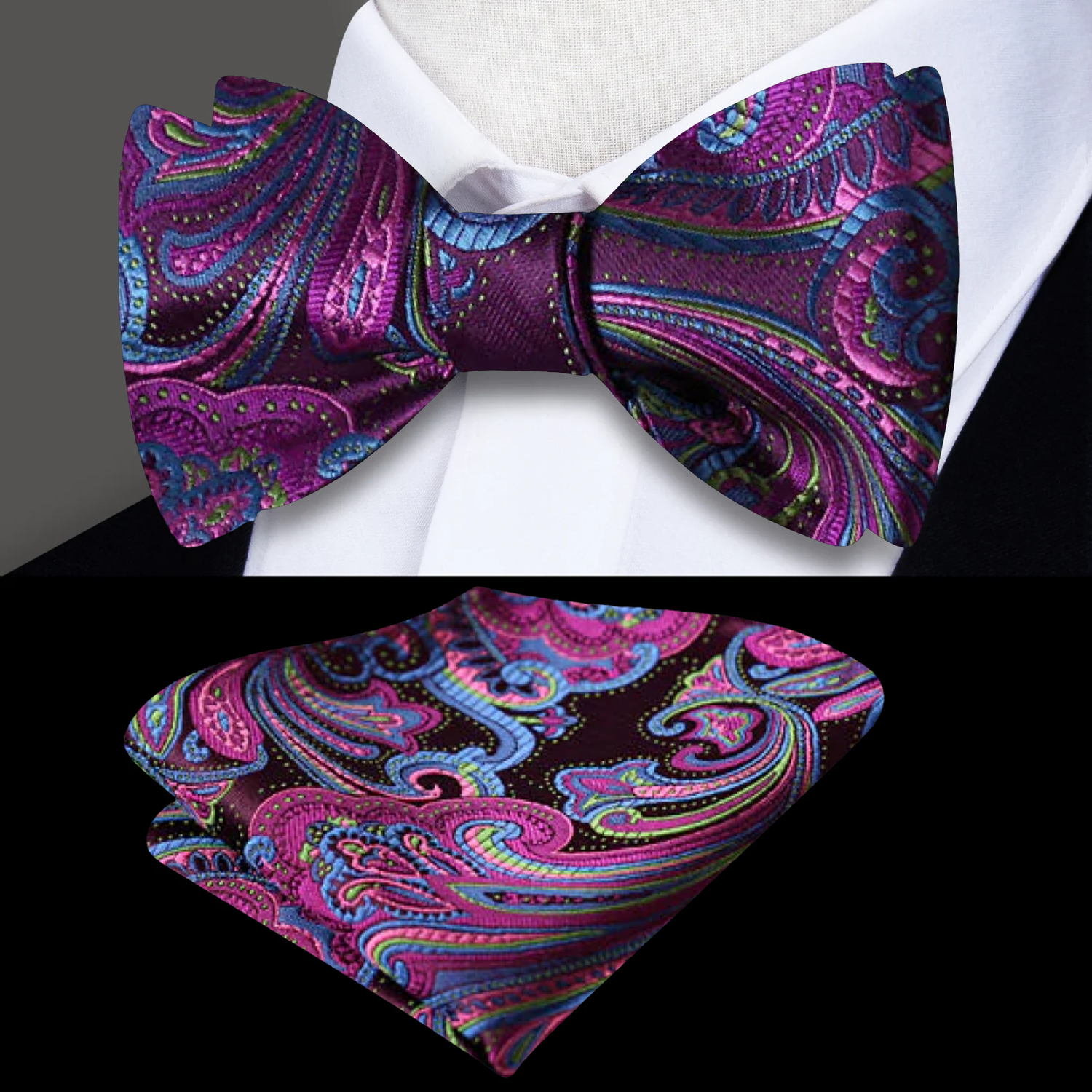 A Purple, Light Blue Intricate Floral with Paisley Pattern Self Tie Bow Tie, Matching Pocket Square
