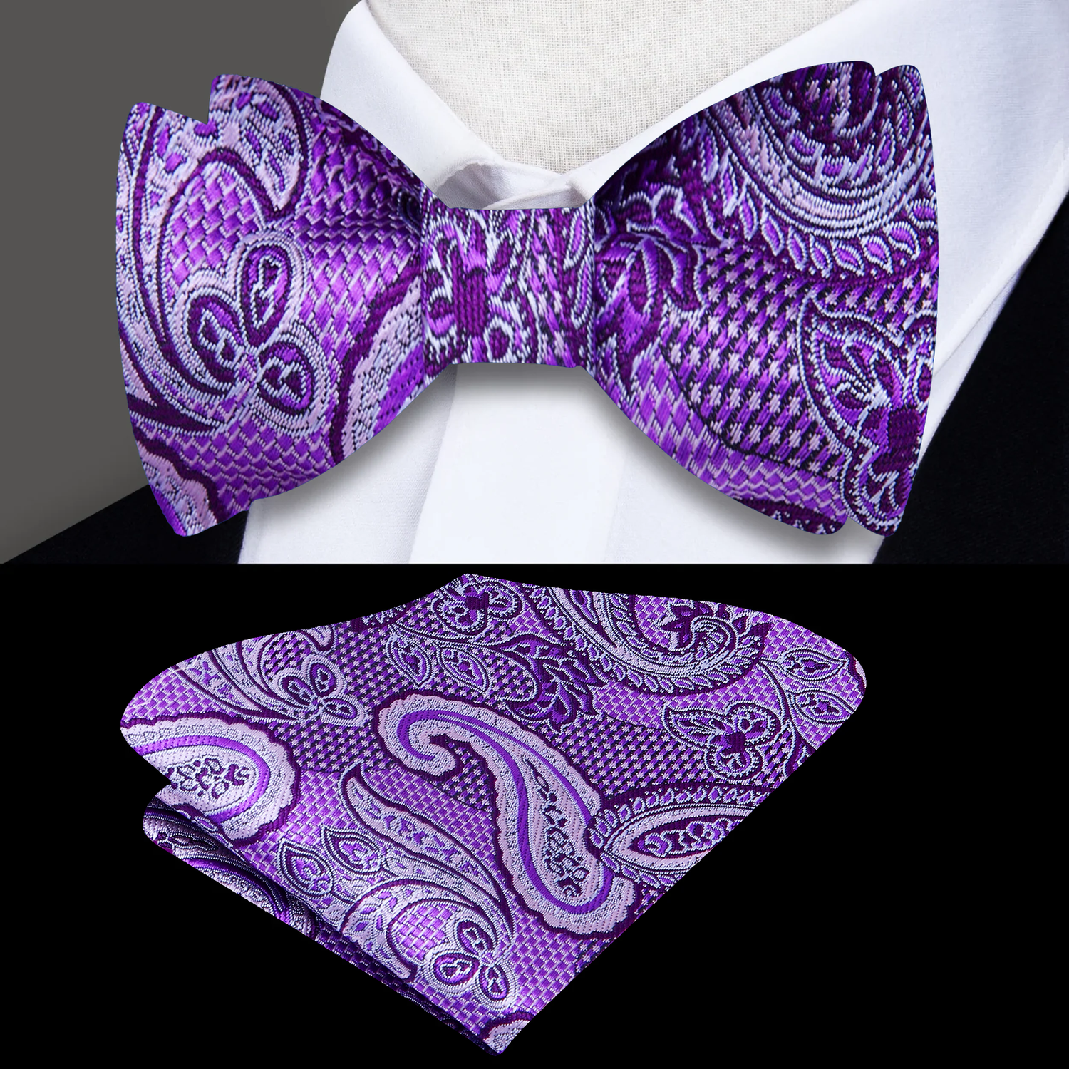 Main View: A Purple Paisley Pattern Silk Self Tie Bow Tie, Matching Pocket Square|
