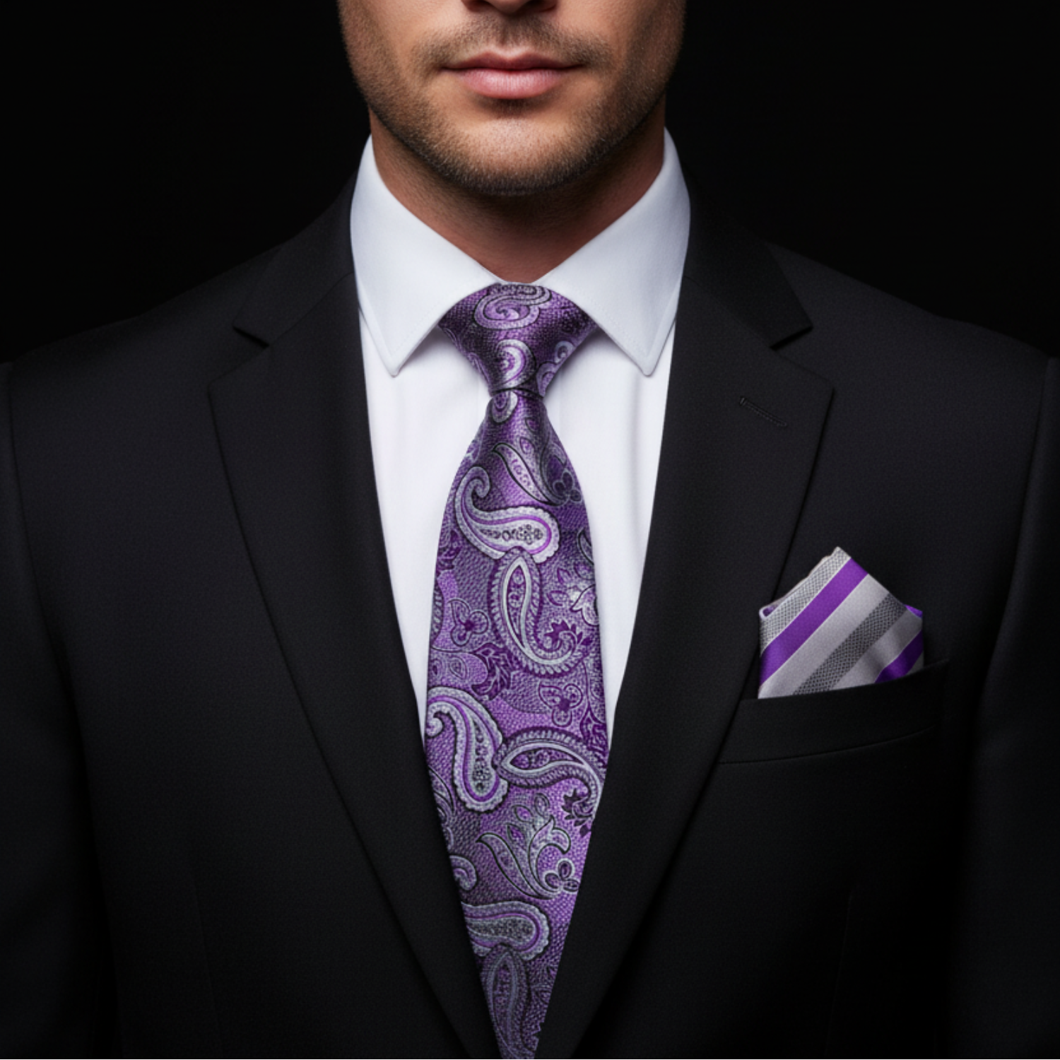 Man wearing purple paisley tie and accenting square