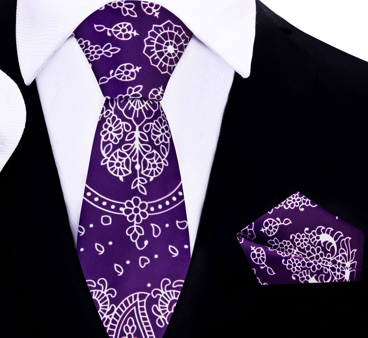 Thin  Purple White Paisley Tie and Square