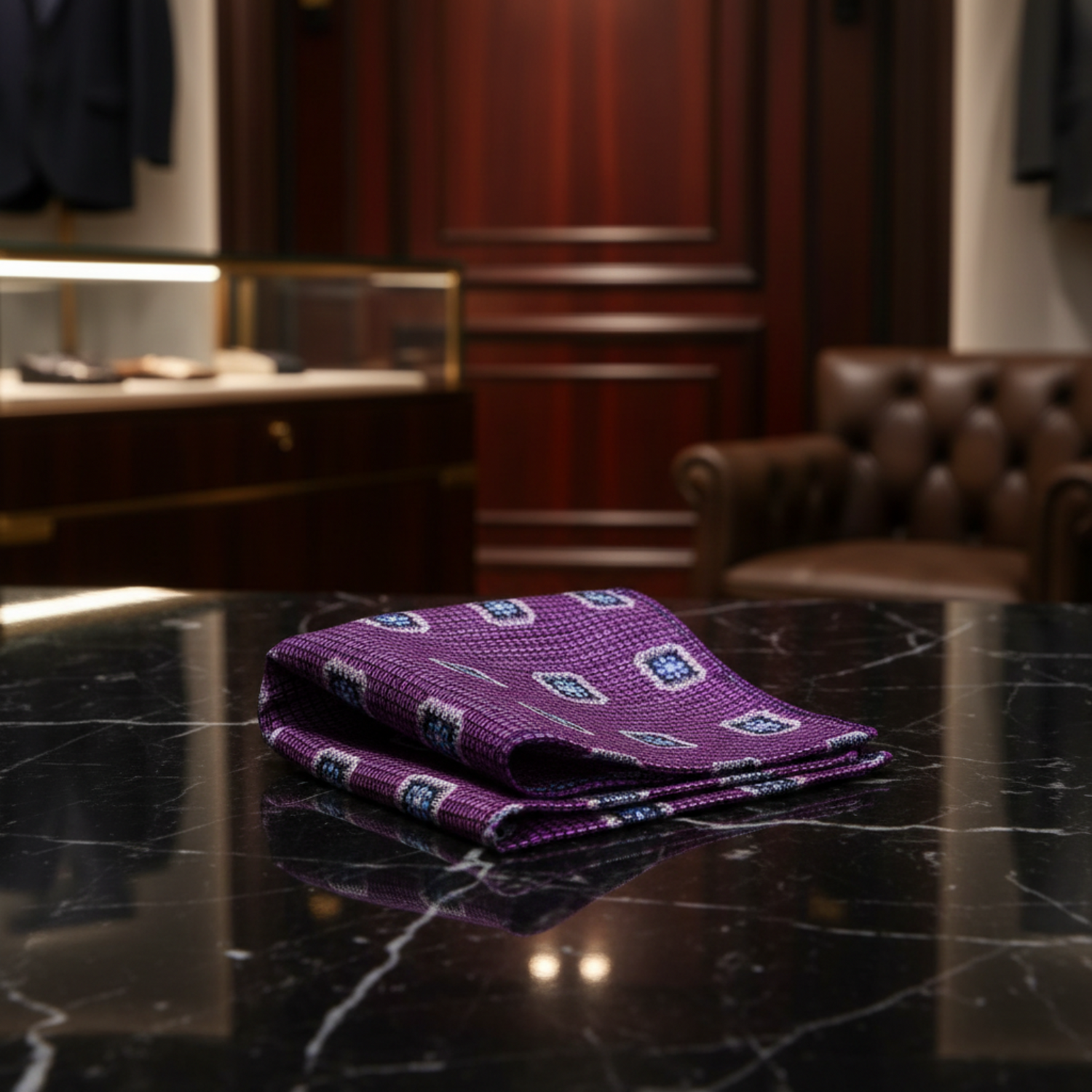 Plum Purple & Blue Medallion Pocket Square