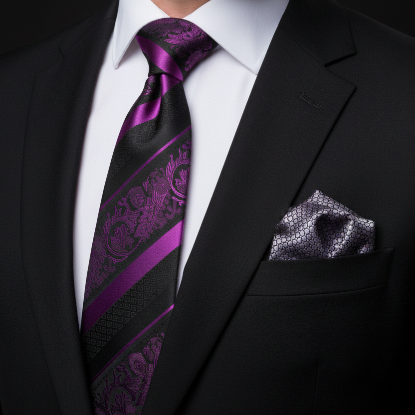 Black suit with a purple tie and pocket square on a black background