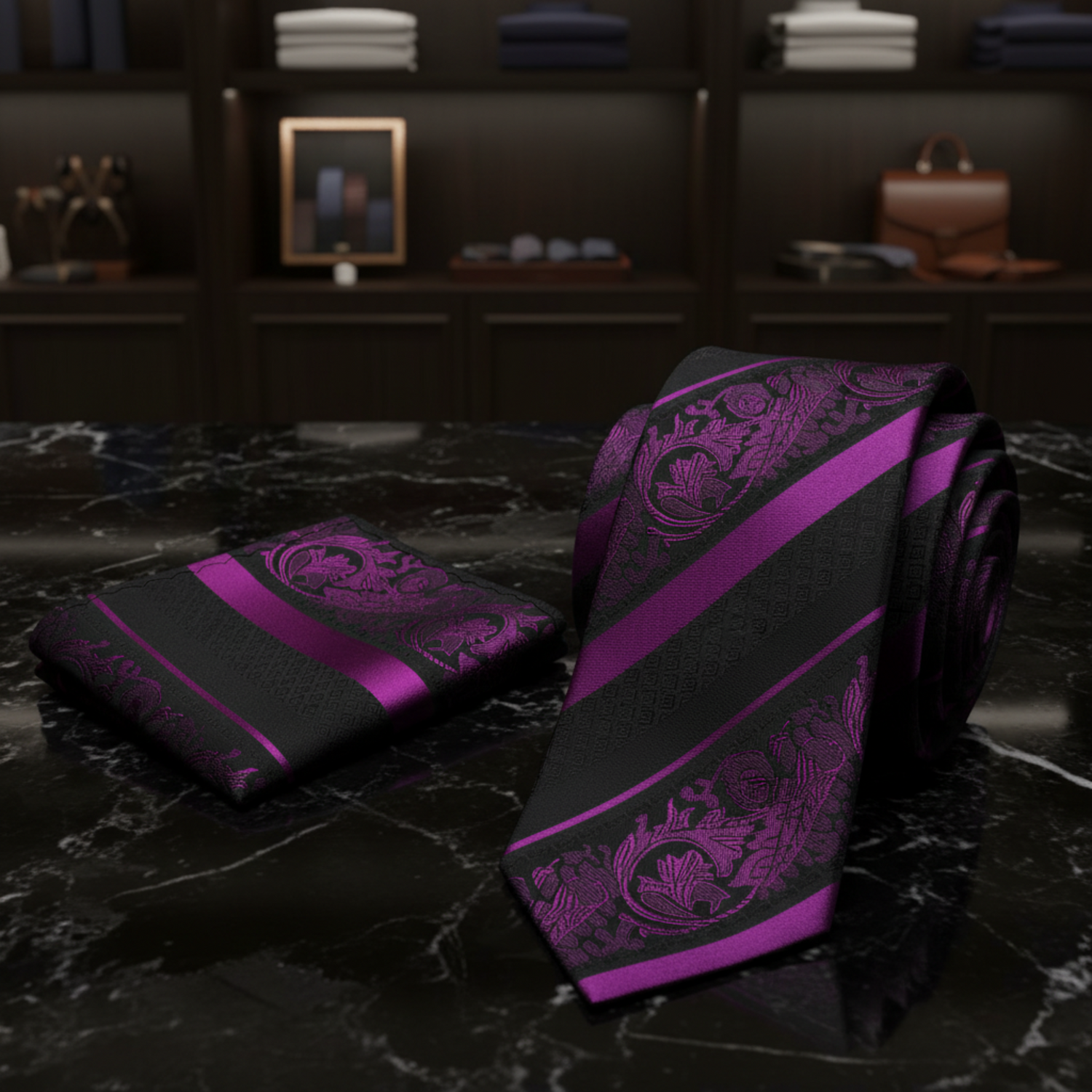 View 2: Purple Black Cadenza Necktie and Square