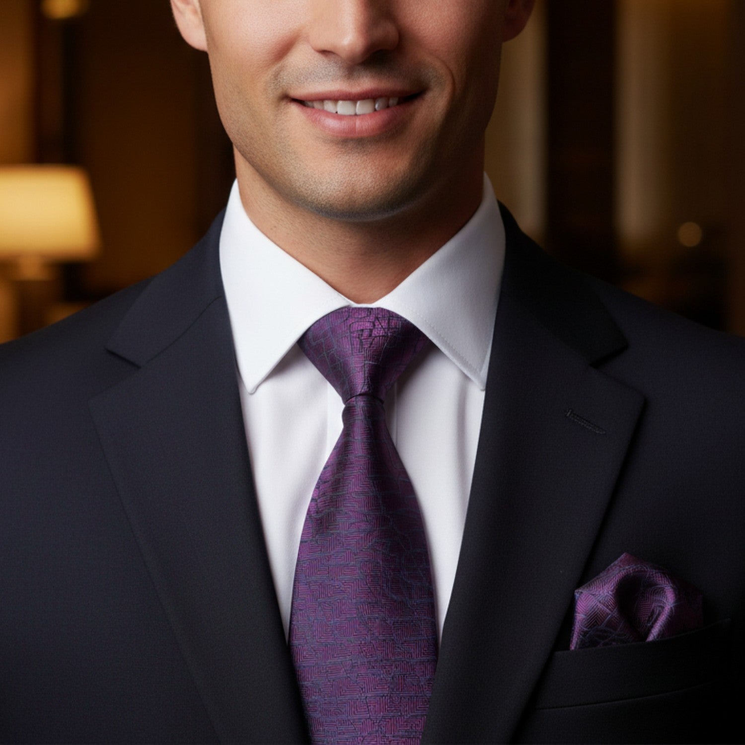 Man wearing a dark suit with a purple tie and pocket square, smiling.