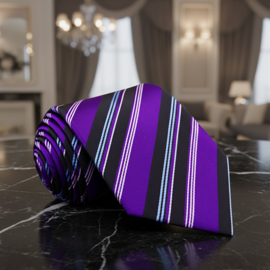 Purple, Black, White, Light Blue Stripe Tie  